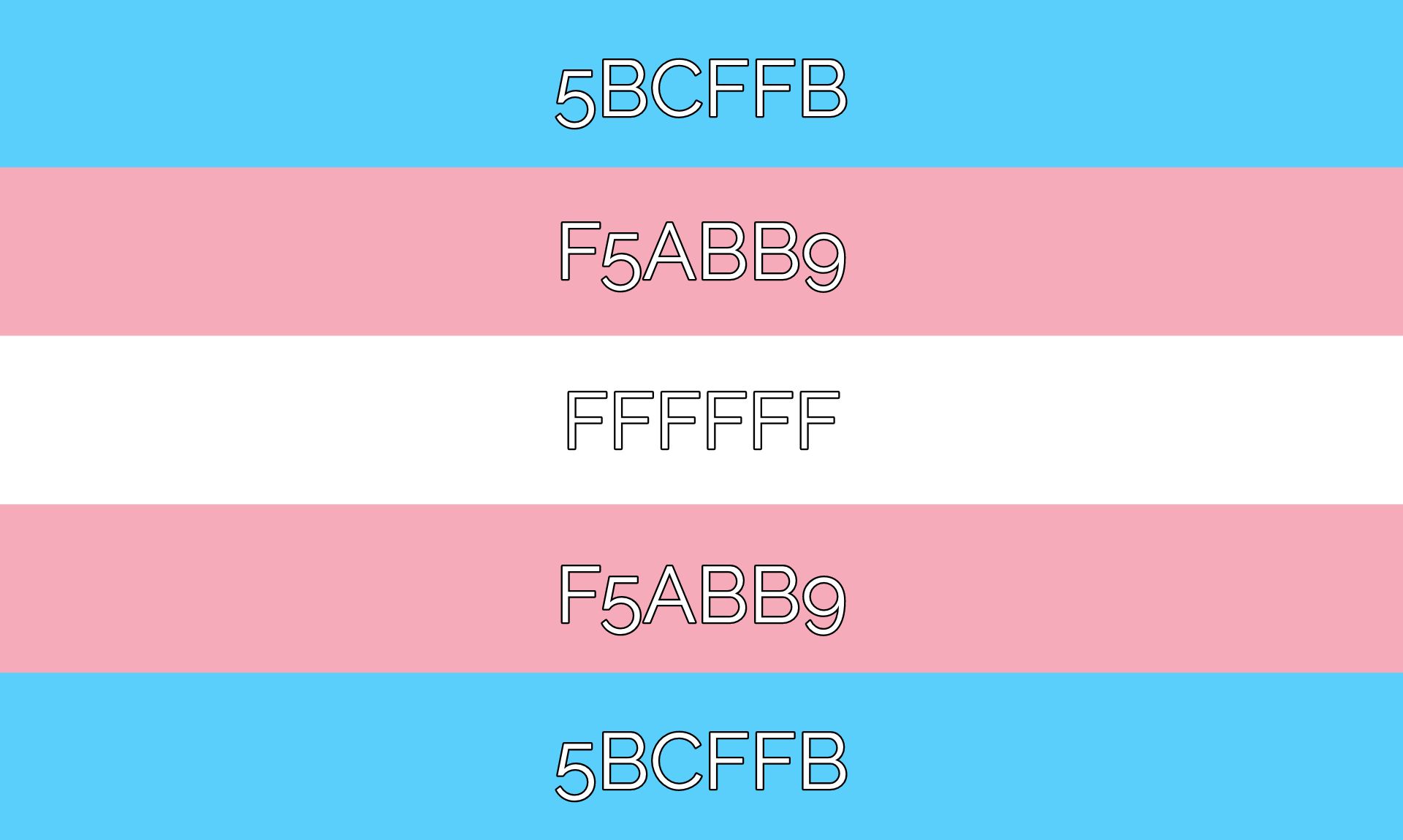 Graphic showing the Transgender pride flag with color codes for each featured color.