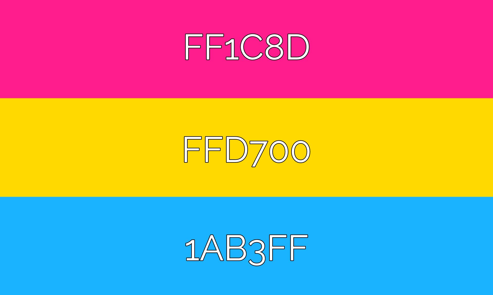 Graphic showing the Pansexual pride flag with color codes for each featured color.