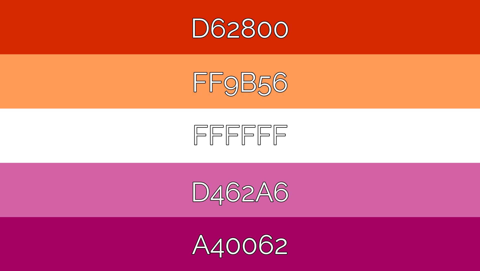 Graphic showing the Lesbian pride flag with color codes for each featured color.
