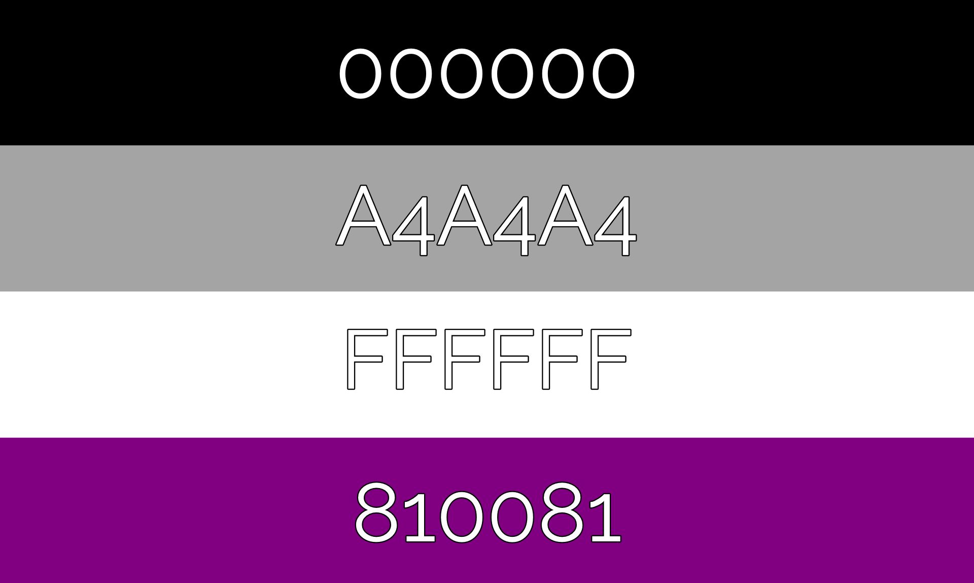 Graphic showing the Asexual pride flag with color codes for each featured color.