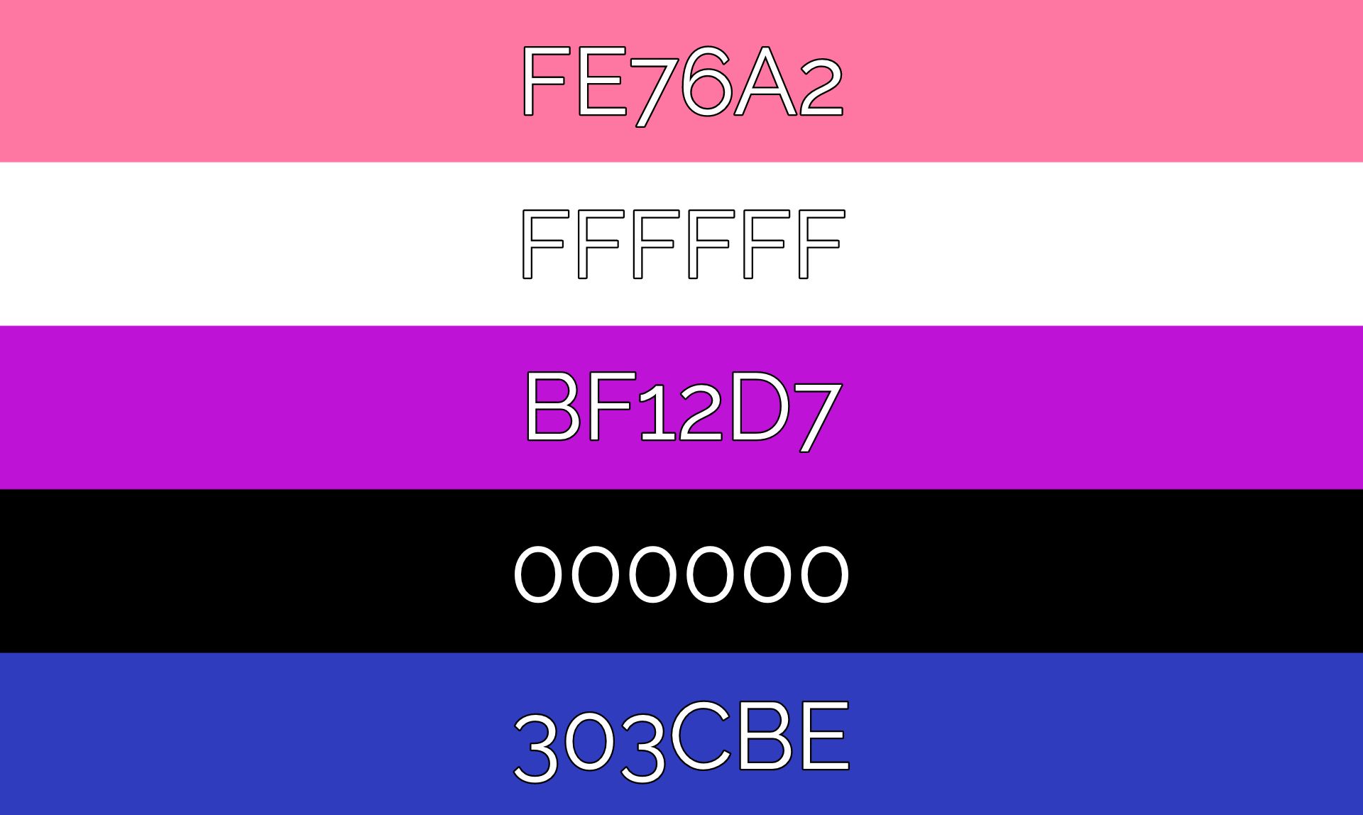 Graphic showing the Genderfluid pride flag with color codes for each featured color.