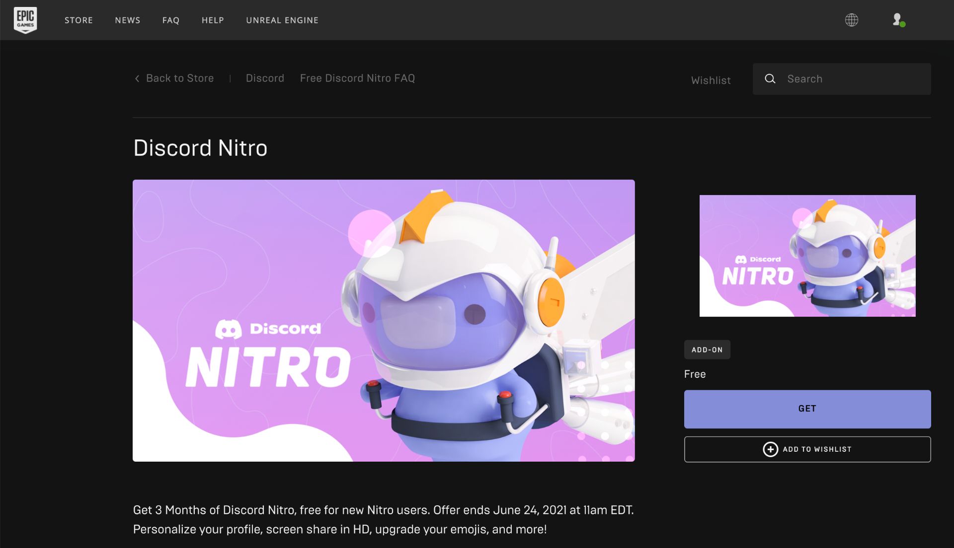 A screenshot of the Epic Games free Discord Nitro promo page. 