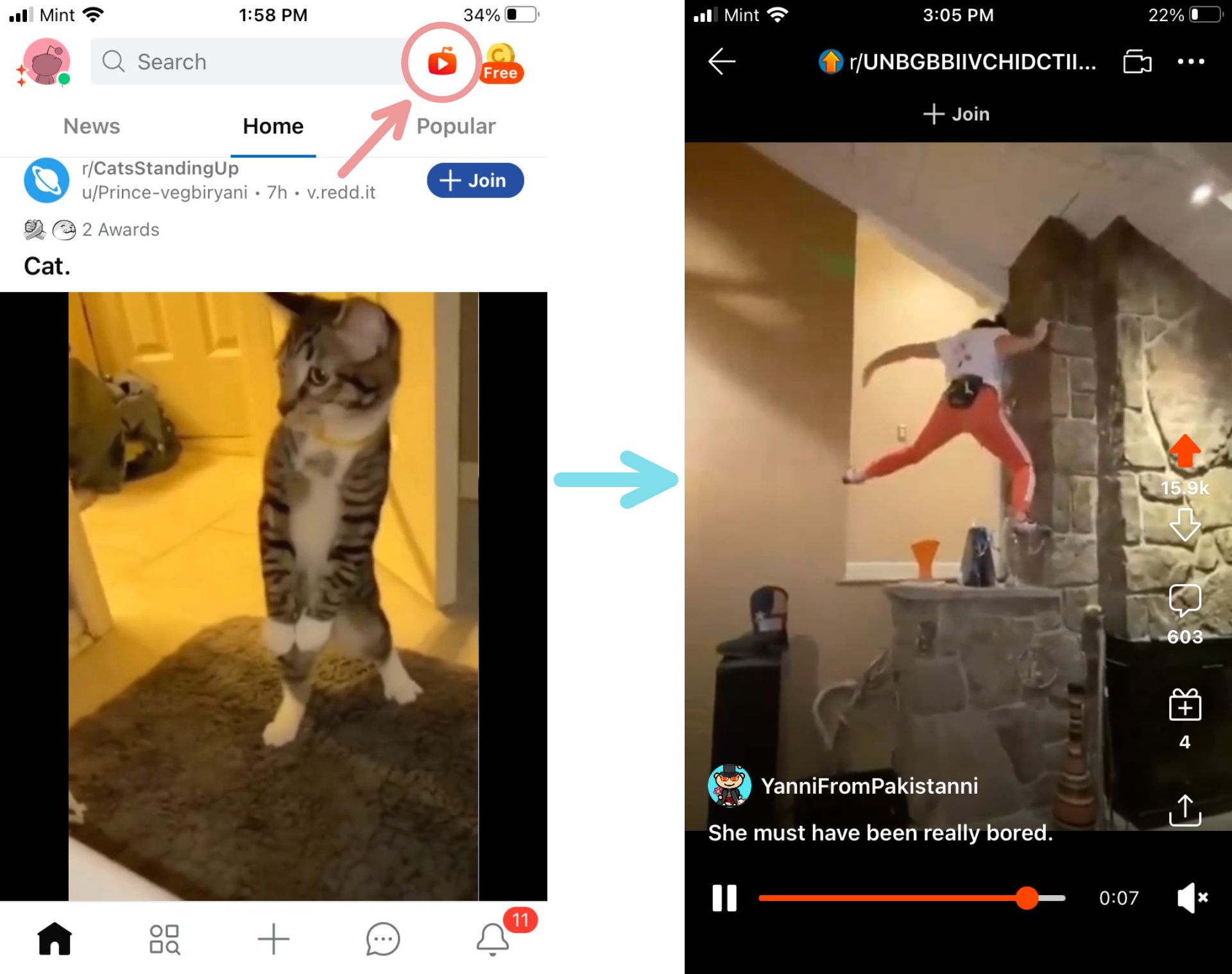 Screenshots showing the location and appearance of the new Reddit video feed. 