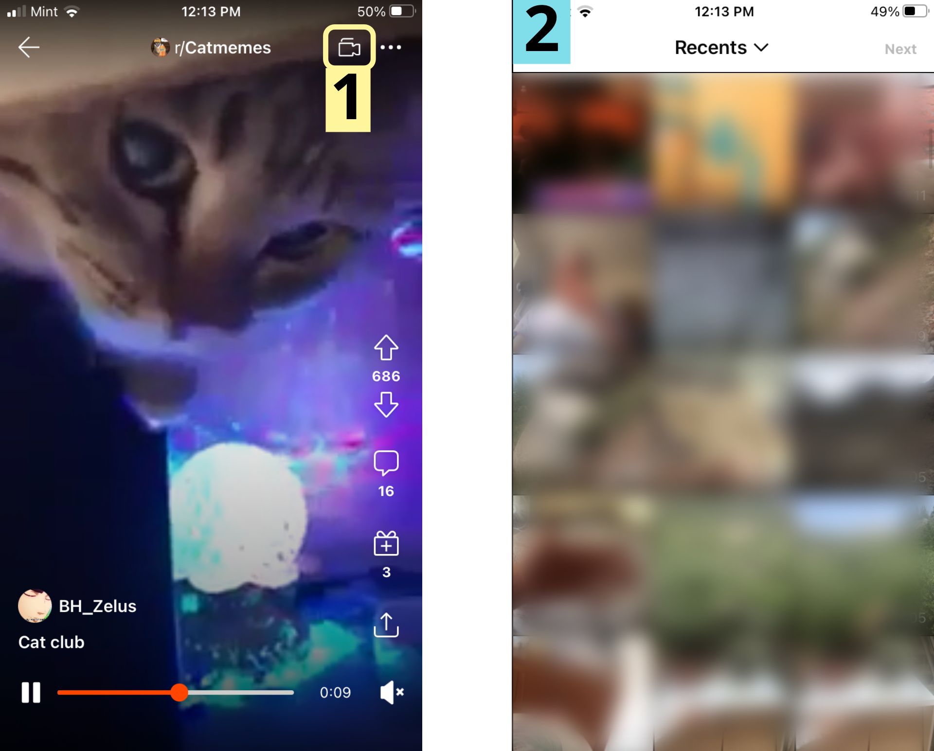 Two screenshots showing how to start creating a video post in the Reddit mobile video feed. 