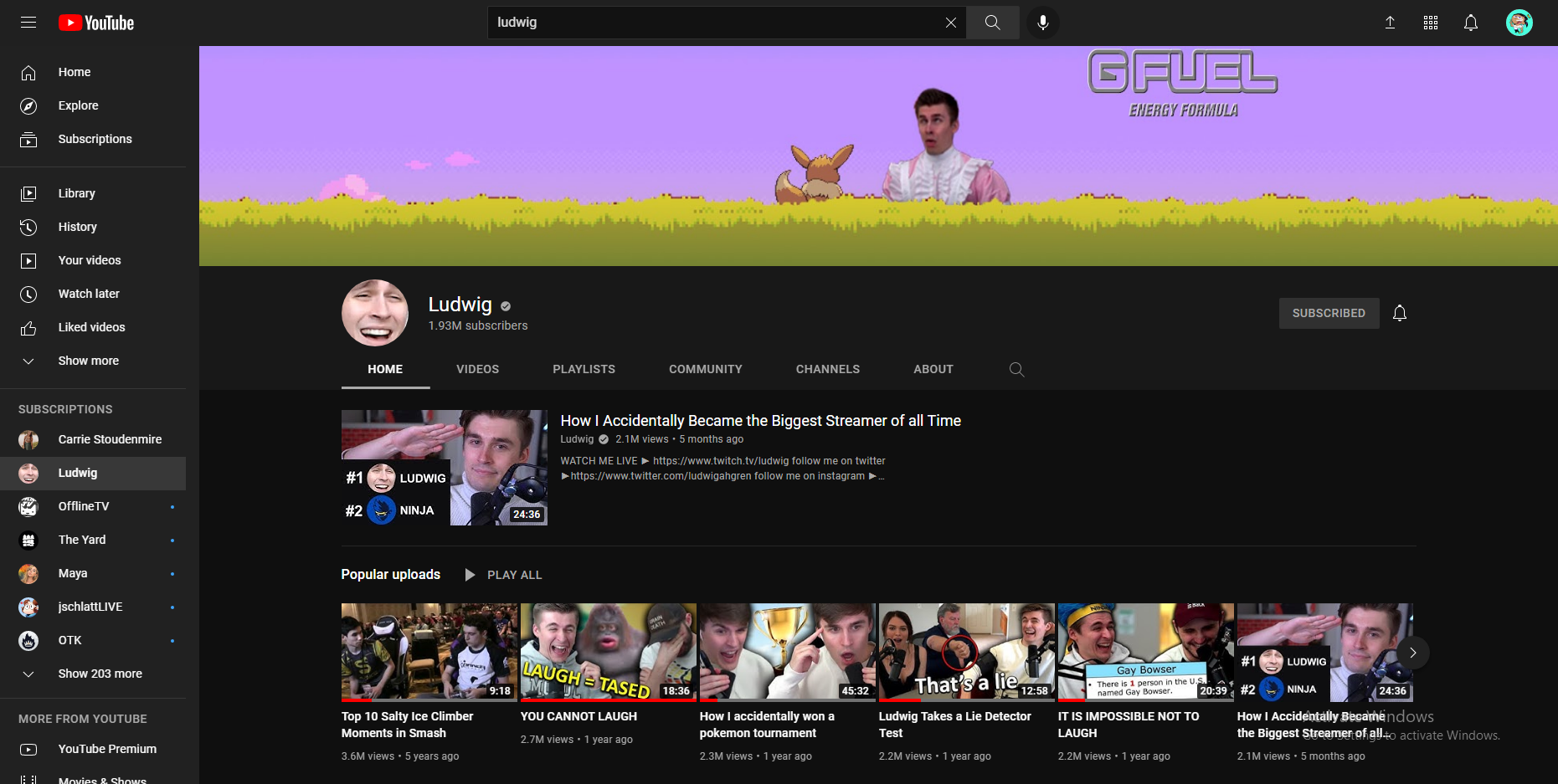 A screenshot displaying the home page of Ludwig's YouTube Channel