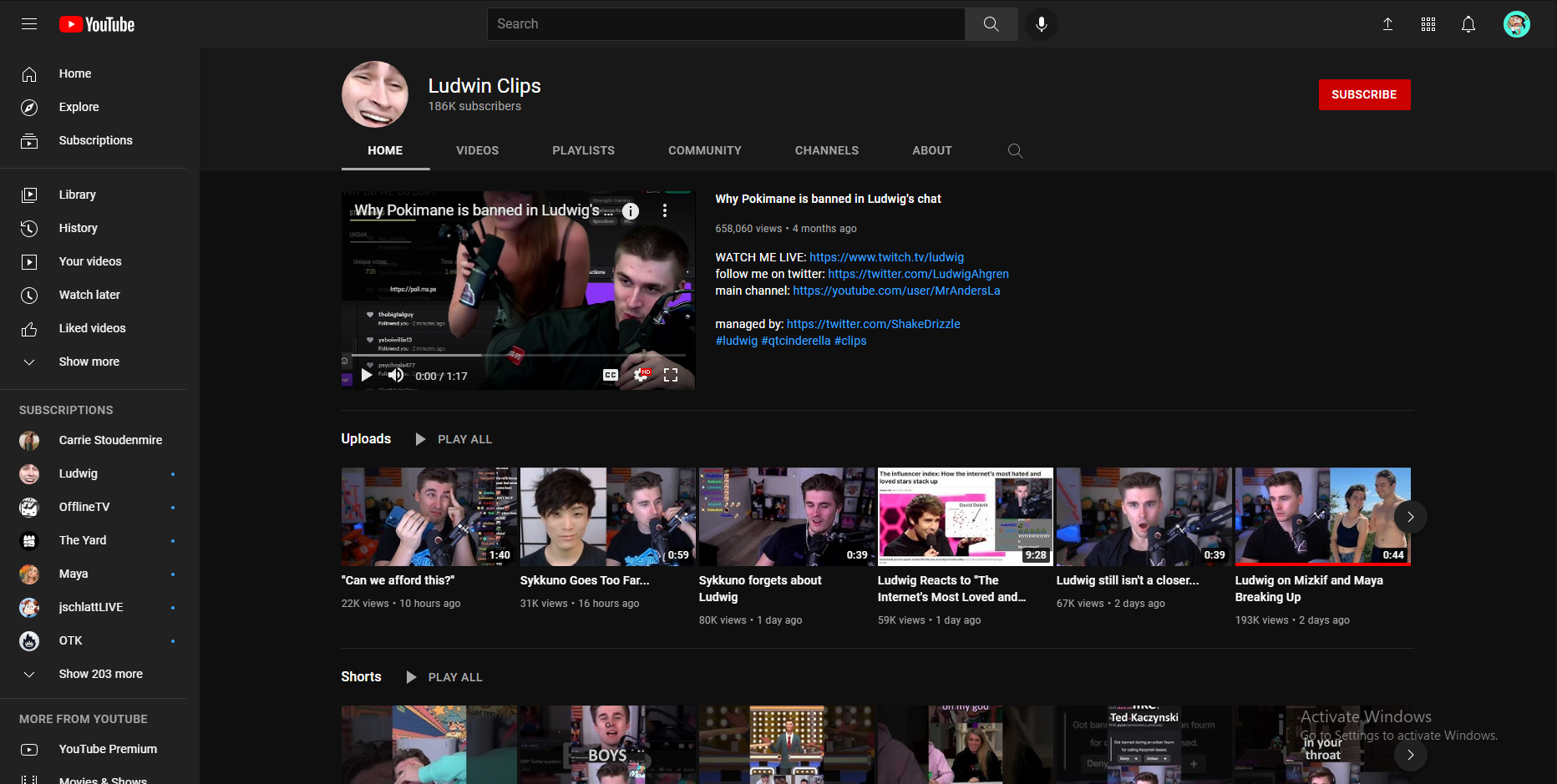 A screenshot displaying the YouTube home page of Ludwig's clip channel, Ludwin Clips.