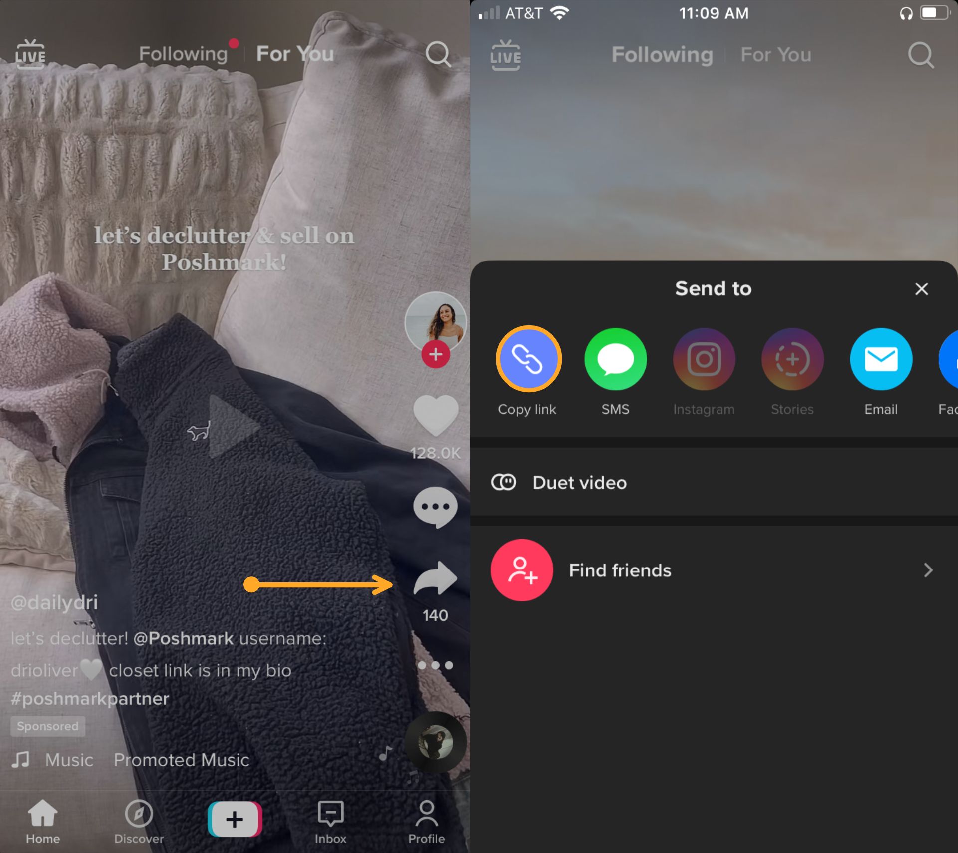 Two screenshots showing how to copy the link to a TikTok video on TikTok