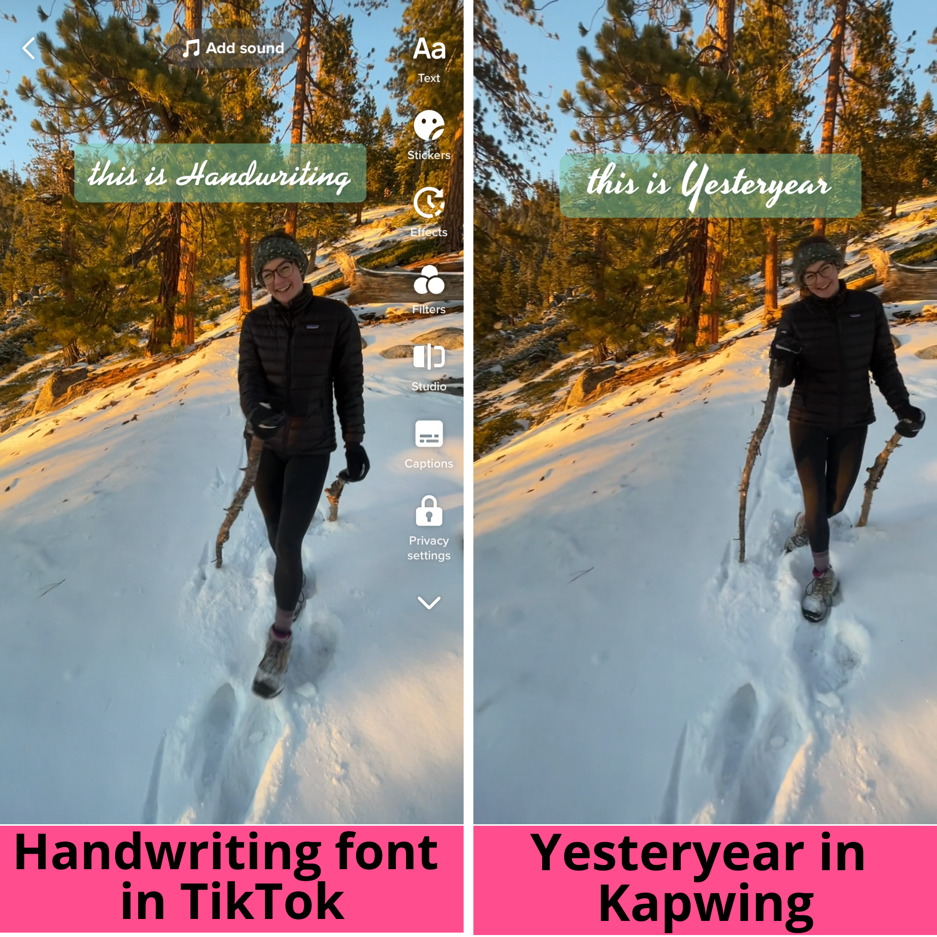 A side by side comparison of the Handwriting and Yesteryear fonts.