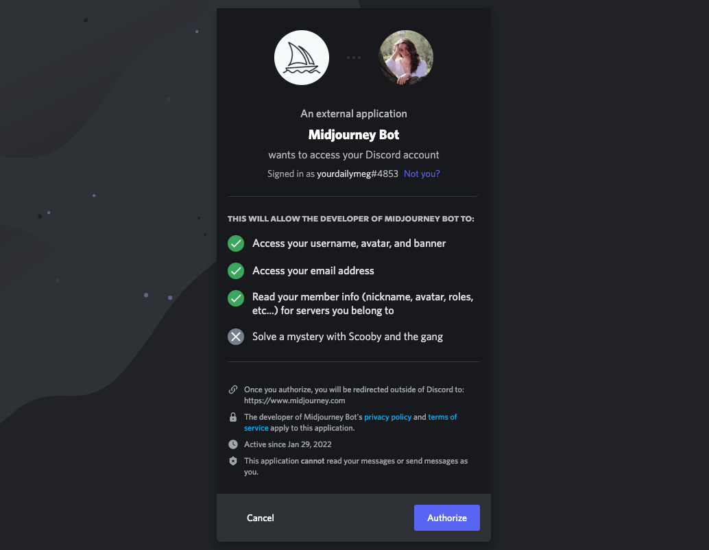Screenshot of the Midjourney terms and conditions