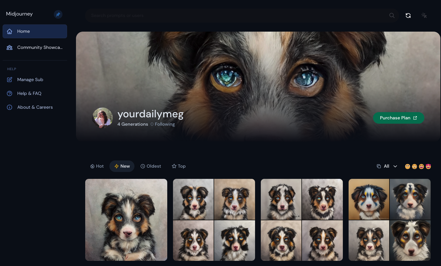 13 example variations of a cartoon dog with bright blue eyes, created by AI