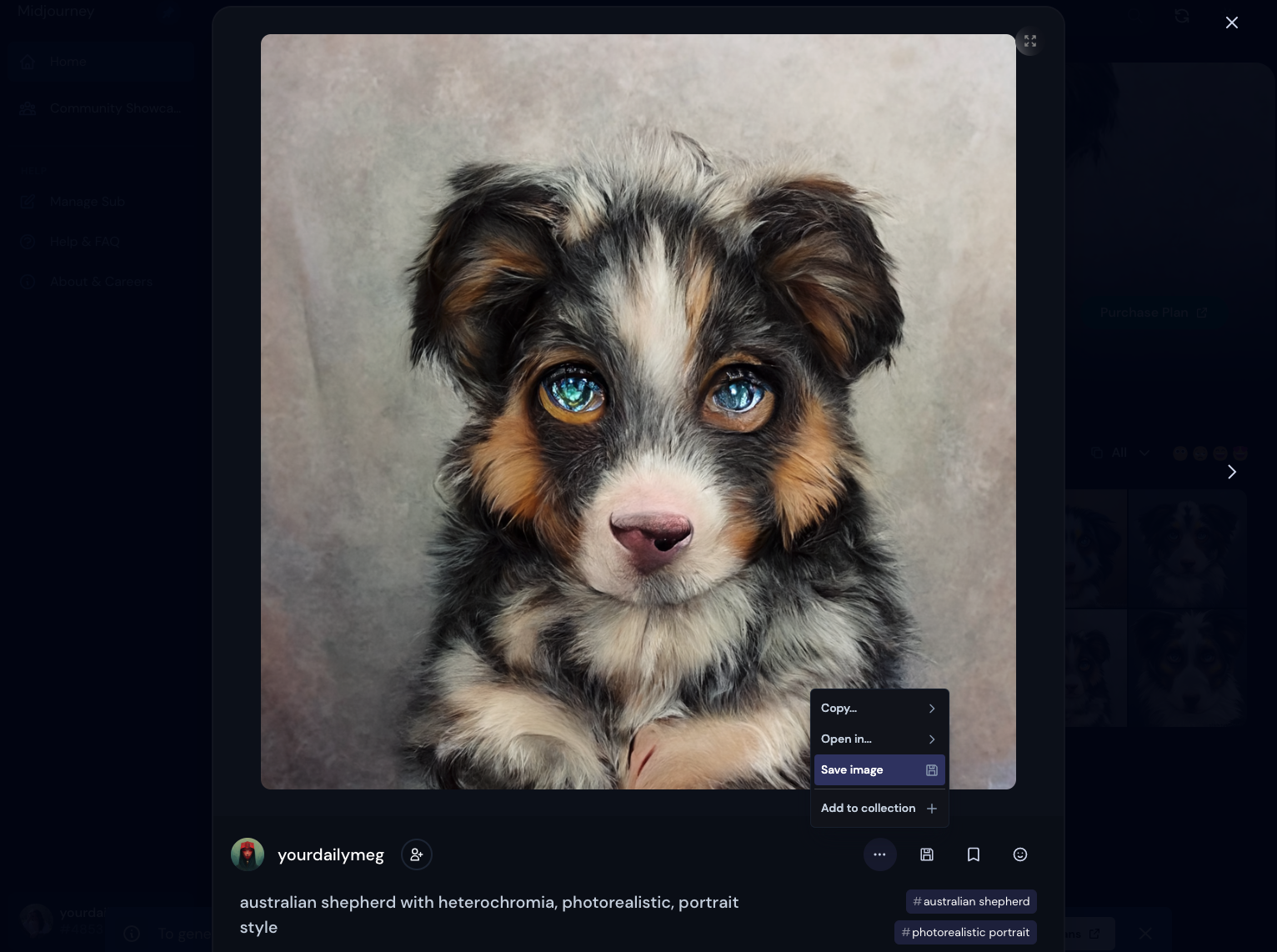 Final image of a cartoon dog being saved to a desktop on Midjourney