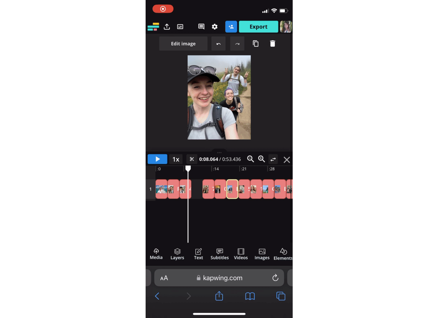 Kapwing mobile timeline showing a video clip being trimmed by dragging the clip edges.