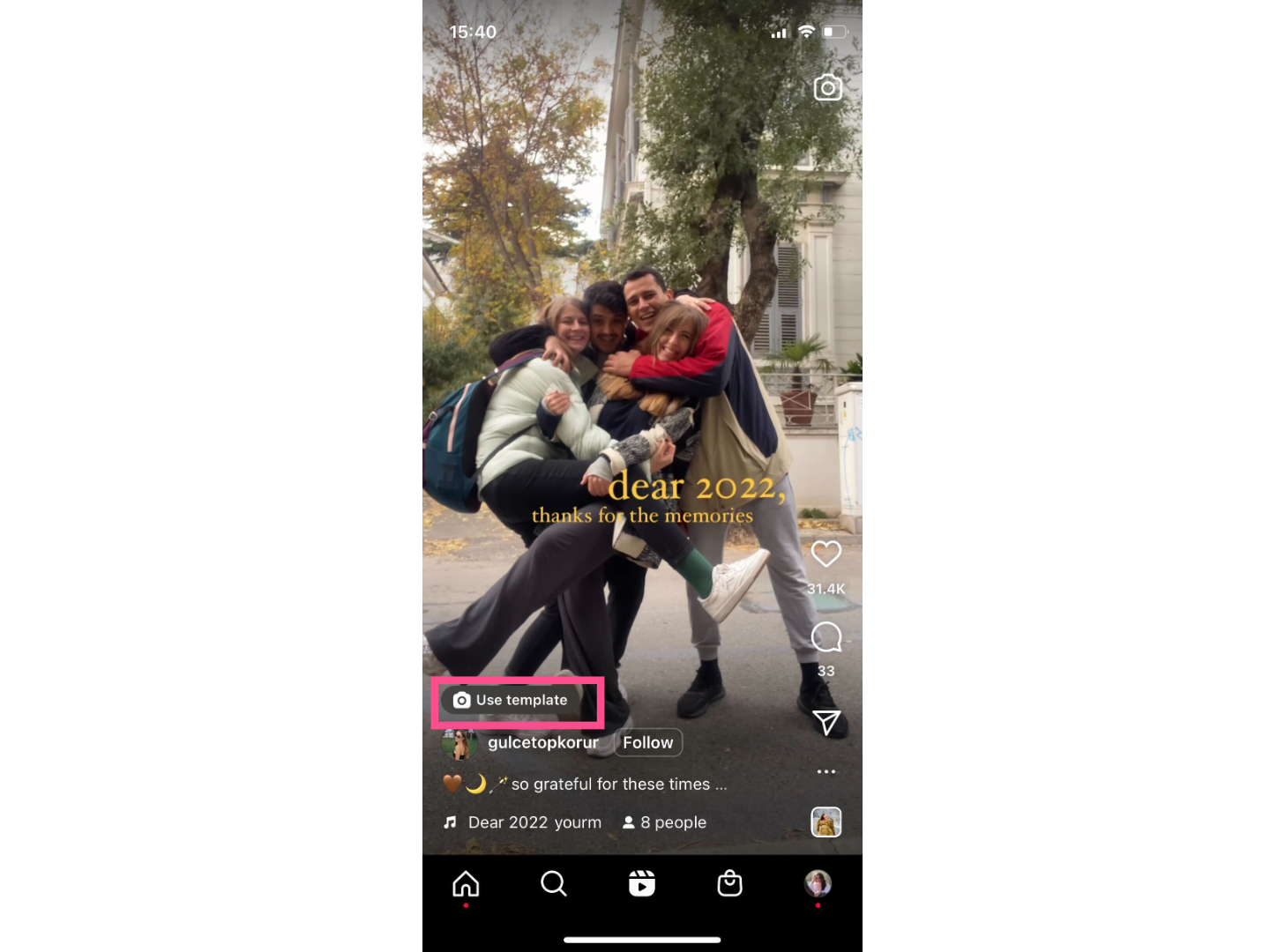 Instagram Reel in the feed showing a “Use template” button above the creator’s username.