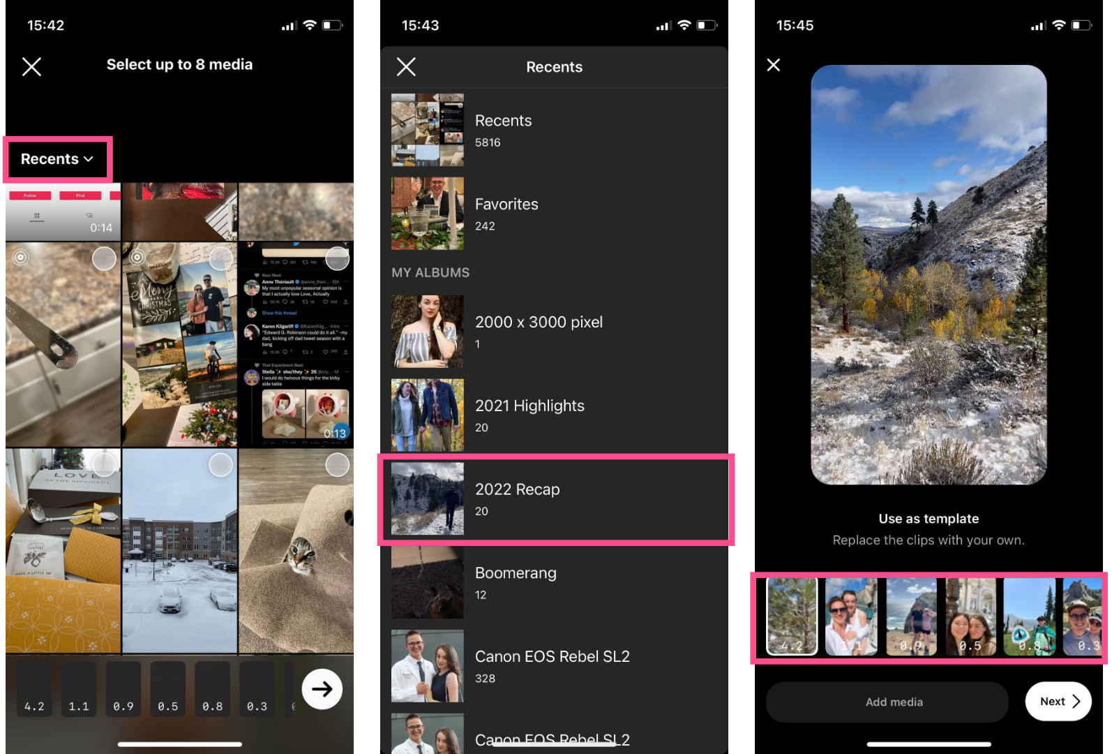 Instagram media picker displaying a recap album and selected photos being added to a Reel template.