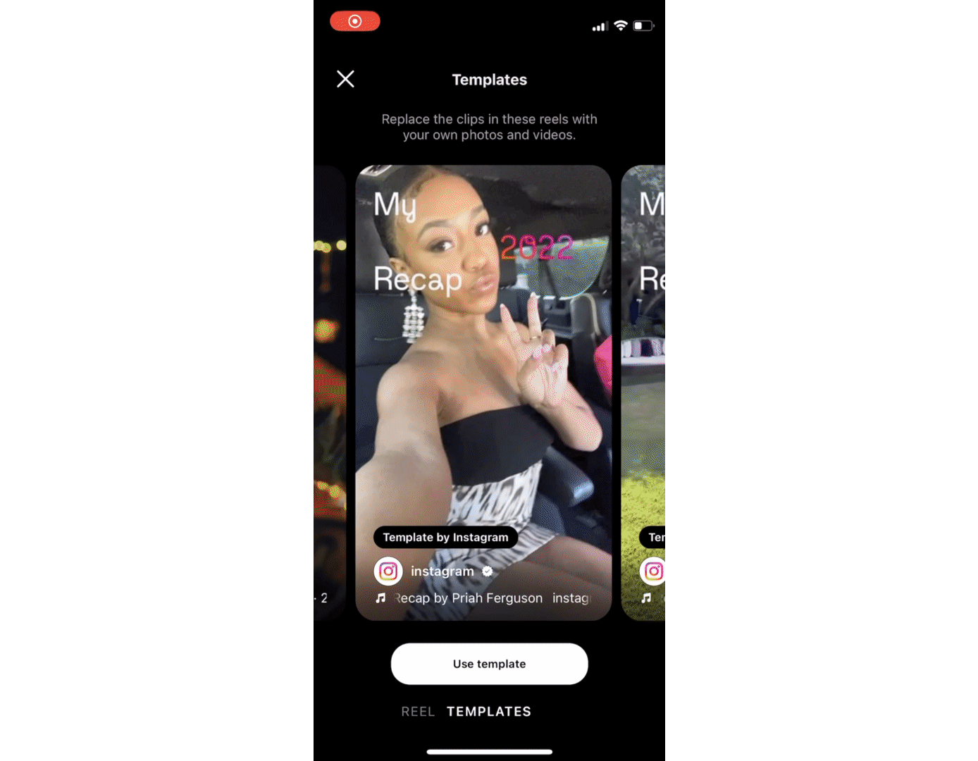 Instagram Reels Templates tab displaying pre-built Reel templates with preview thumbnails and a “Use template” button.