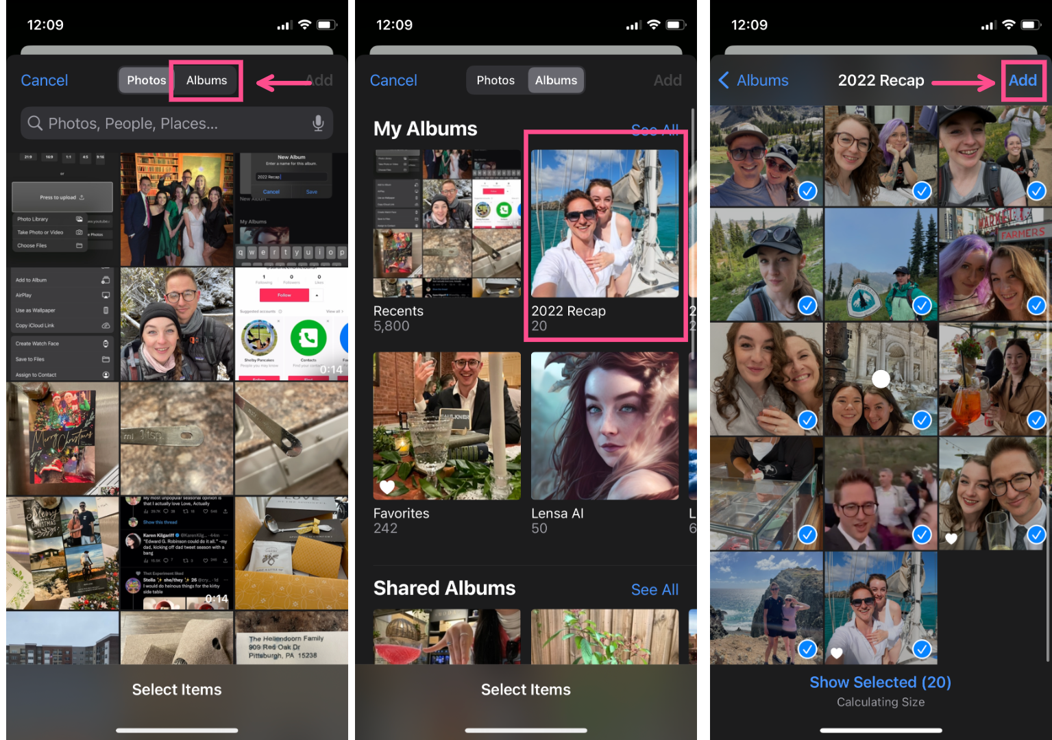 Phone photo picker displaying albums, with a “2025 Recap” album highlighted.