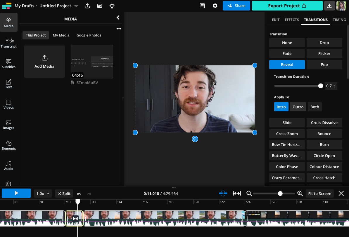 Kapwing Studio showing the Transitions tab with options like Fade, Reveal, and duration controls for video editing.