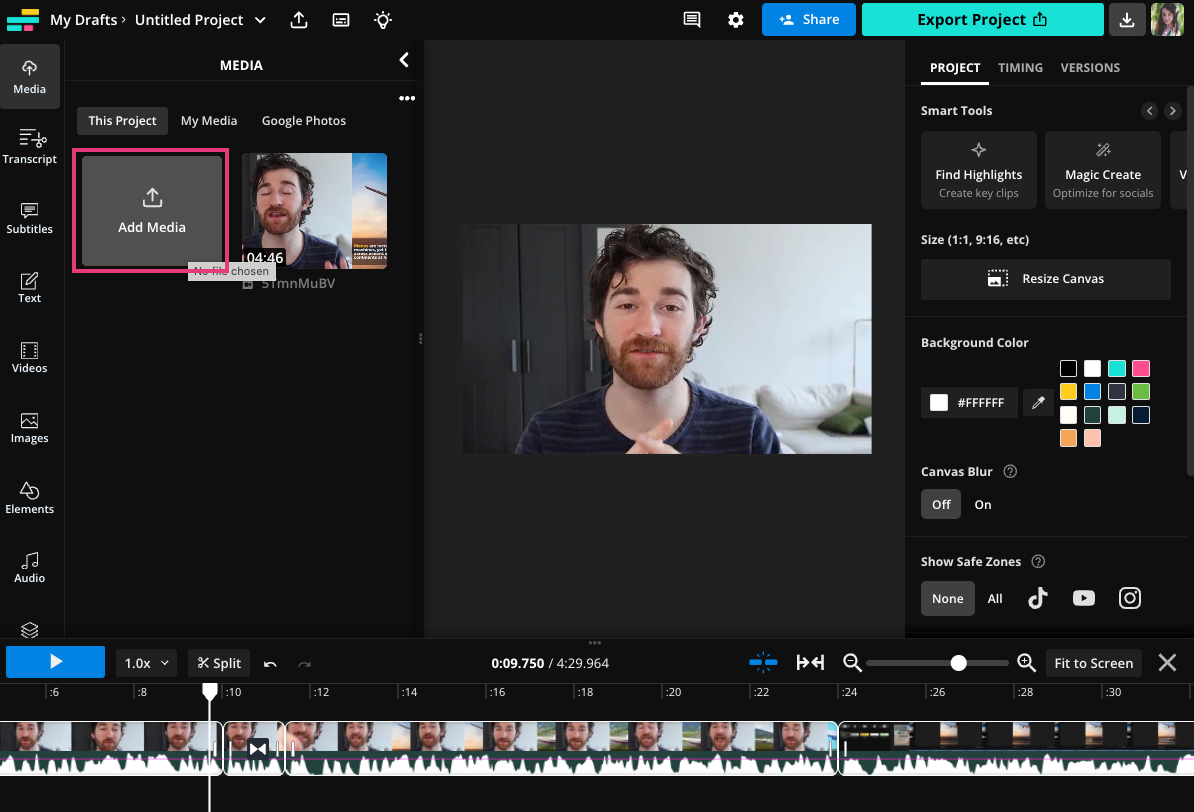 Kapwing interface showing the Media tab with an "Add Media" button selected and user-uploaded clips previewed.