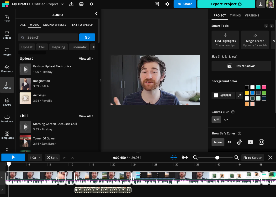 Kapwing audio search interface with music category tabs and keyword filter options for selecting background tracks.