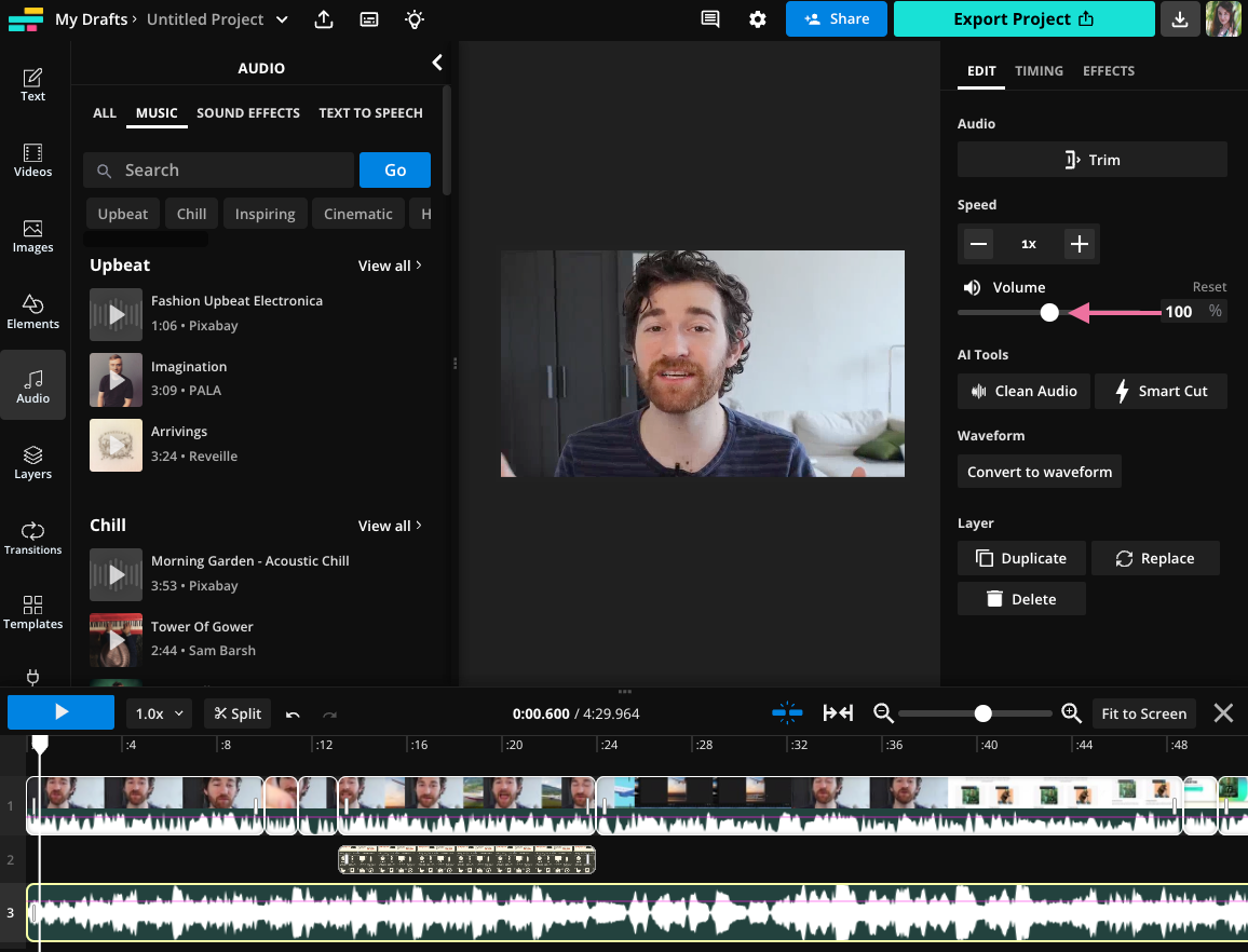 Kapwing Studio audio editing menu with volume slider, speed controls, and AI tools for refining audio tracks.