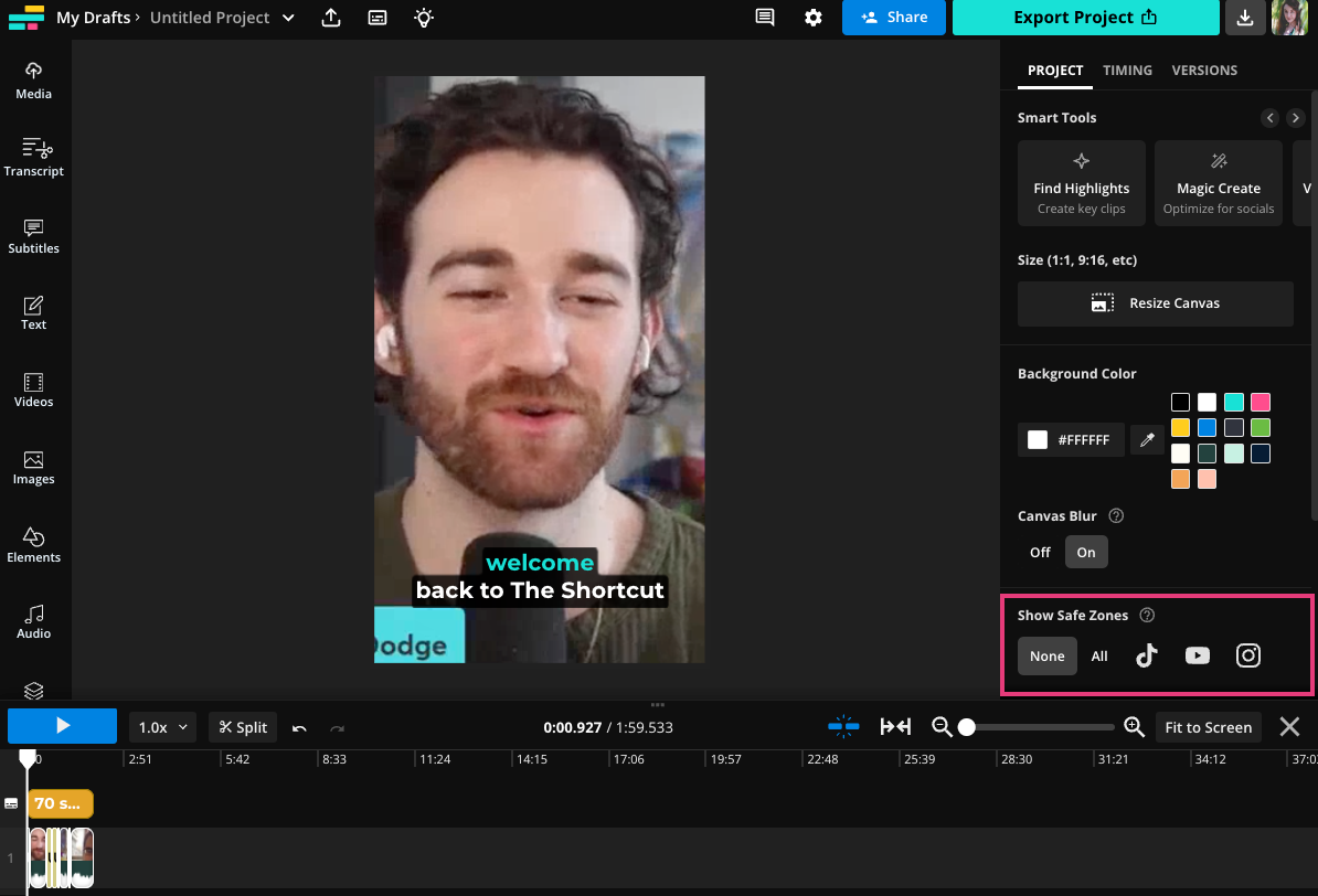 Vertical video in Kapwing Studio with Safe Zones overlay showing UI boundaries for different publishing platforms.
