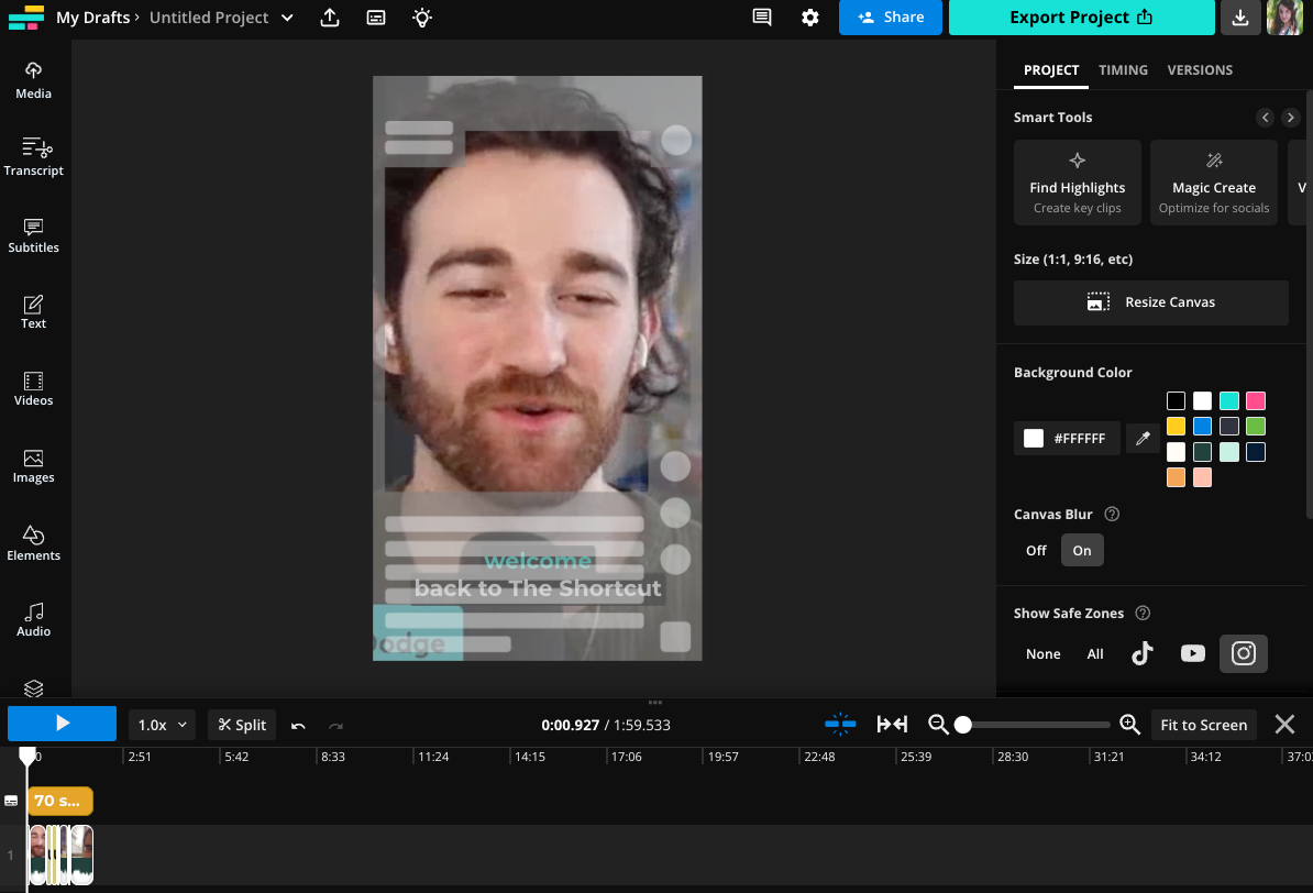 Kapwing project editing interface with transparent Safe Zone overlay active and vertical video centered.
