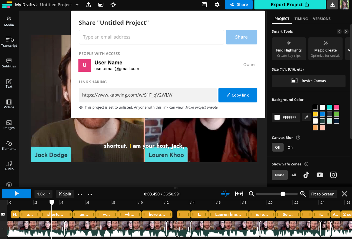 Kapwing share dialog showing link-sharing options and collaborator permissions for a video editing project.
