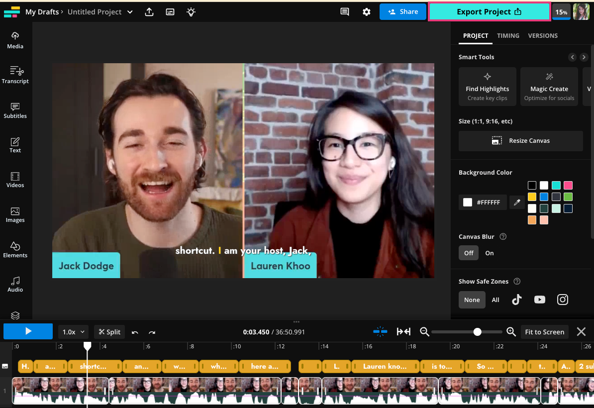 Kapwing Studio with completed video timeline and the Export Project button highlighted at the top right.