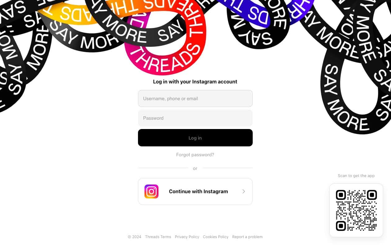 The Threads log in page