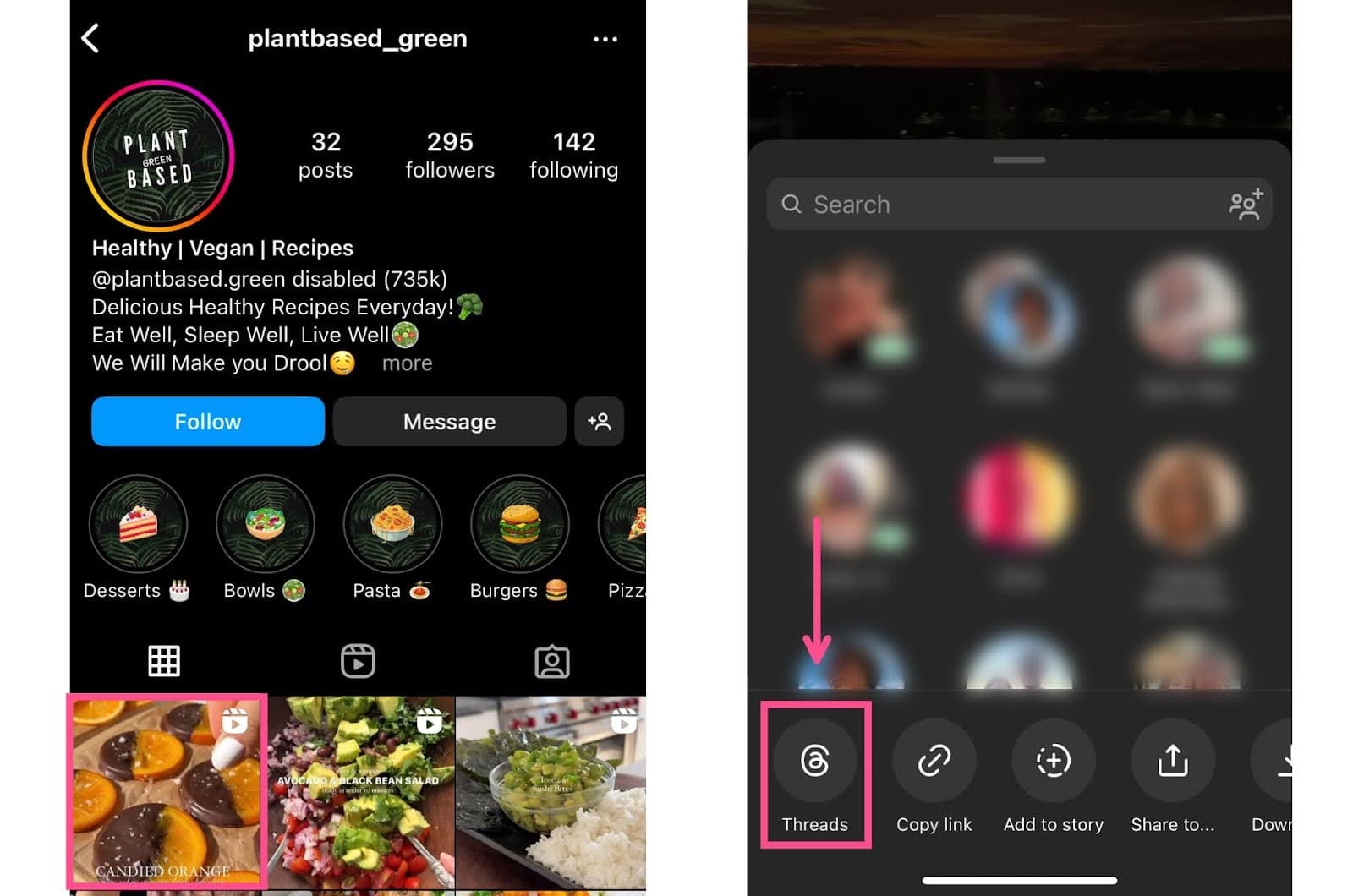 An Instagram post with the option to share to Threads highlighted