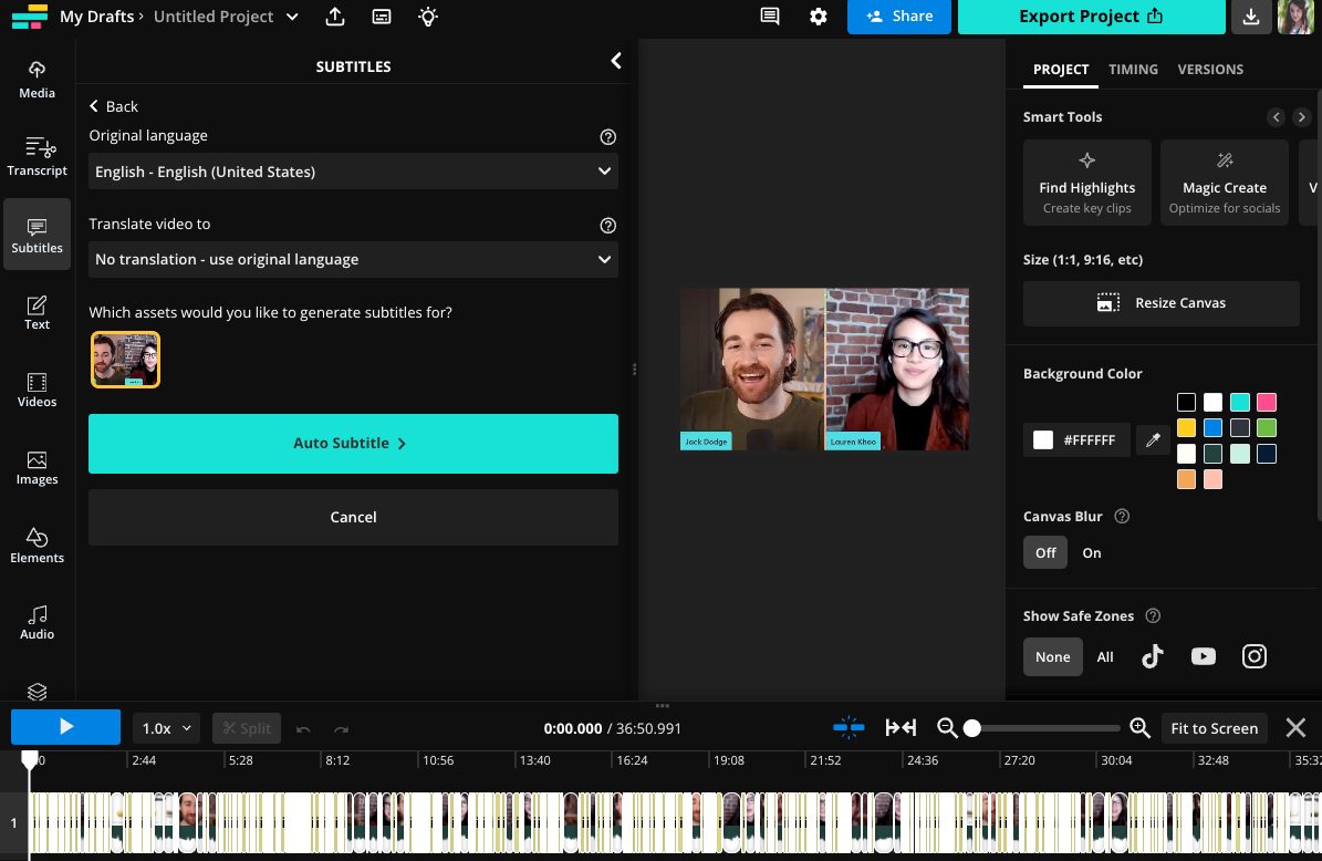 Kapwing Auto Subtitles language selection screen showing options to choose original language or translate into another.