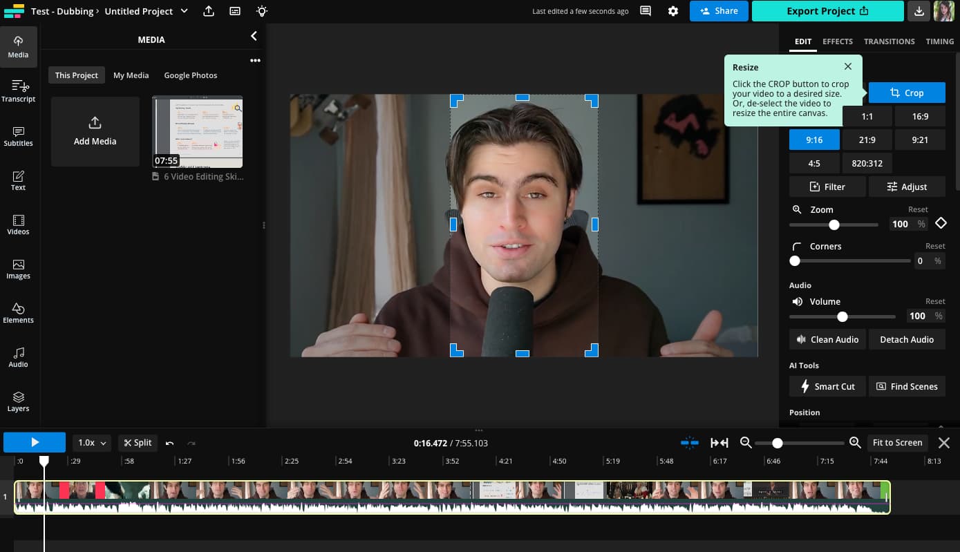 Video editor with Crop tool in use
