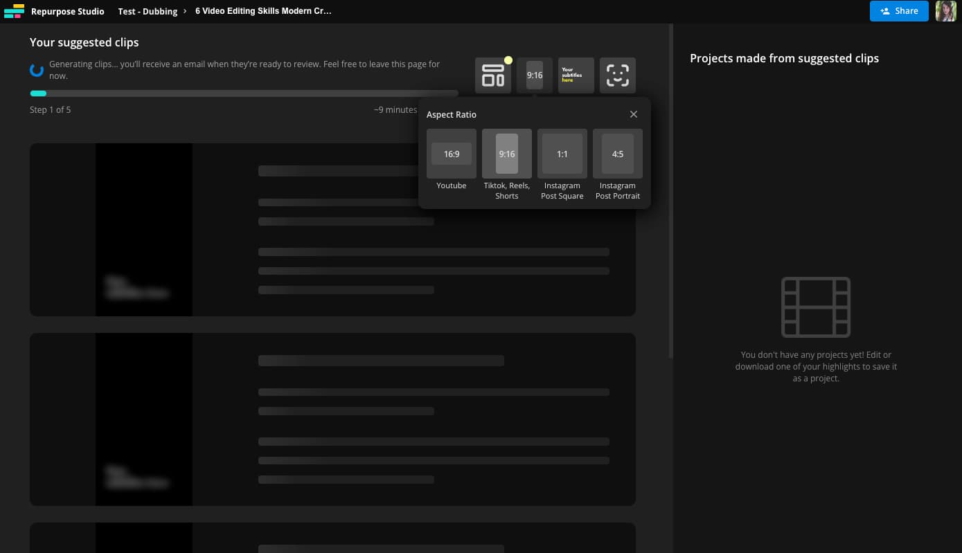 Repurpose Studio tool with Aspect Ratio options menu open