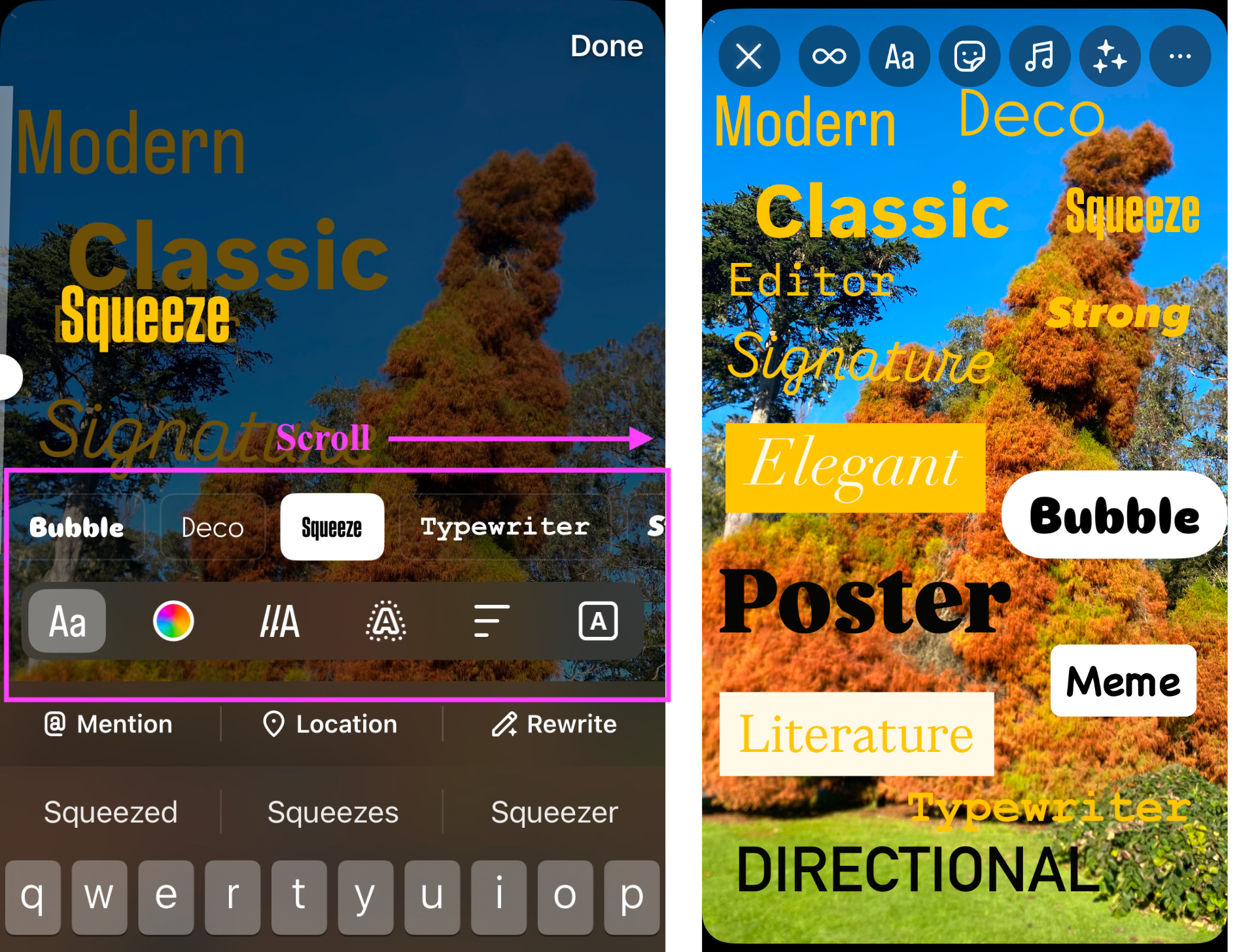An Instagram story displaying all 14 available fonts