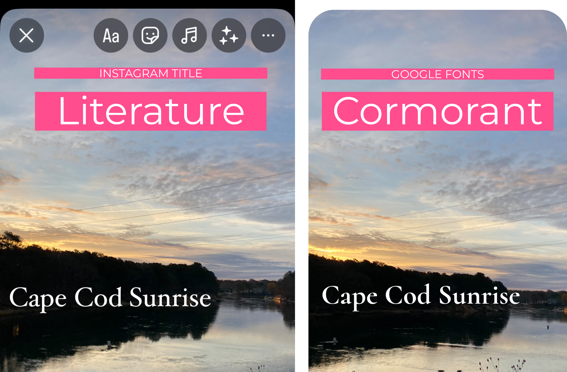 An image of a sunrise at Cape Cod with Literature and Cormorant fonts on either side