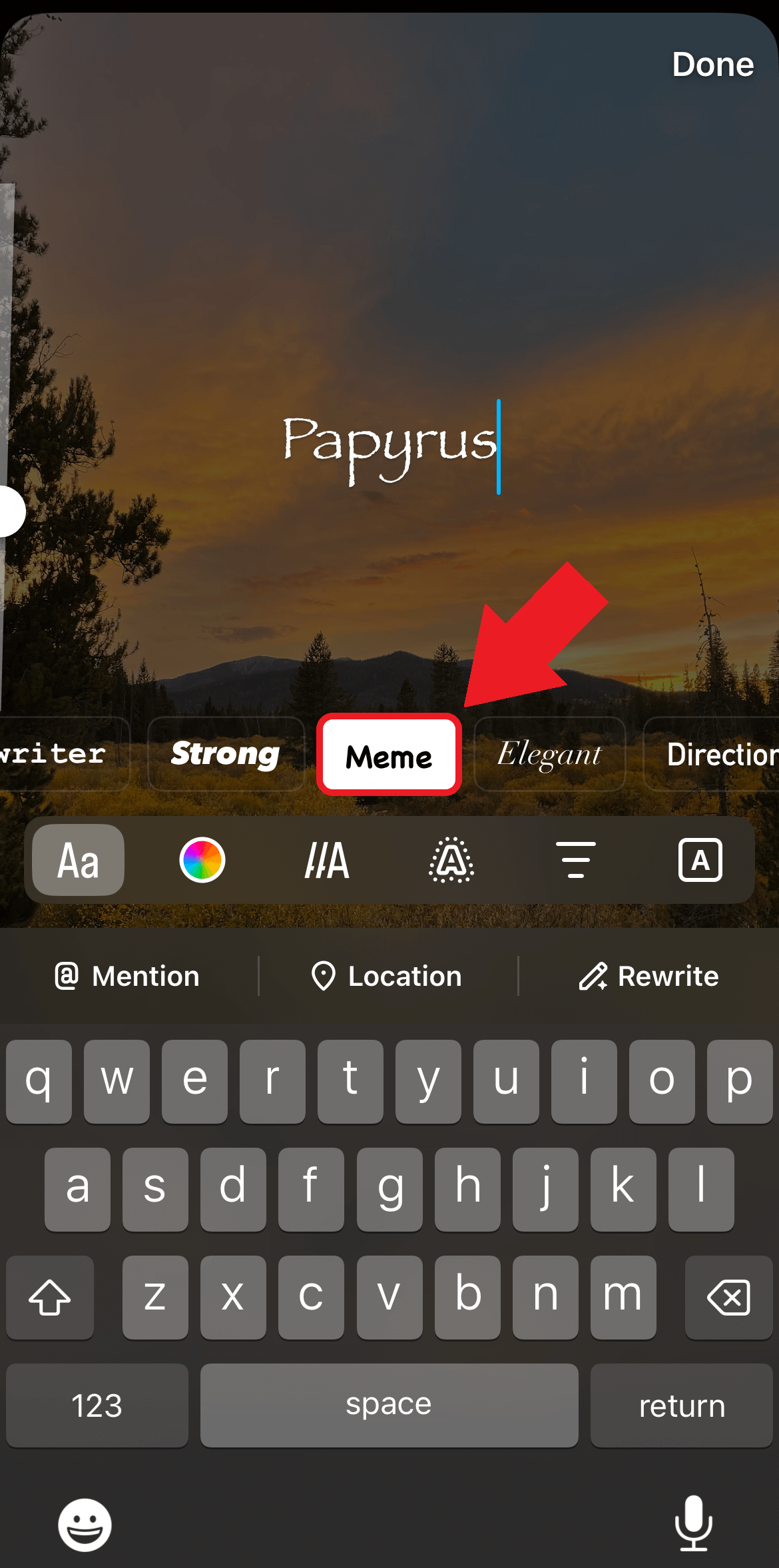 Example Instagram post showcasing the 'Meme' font, with an arrow pointing to it and highlighting for emphasis