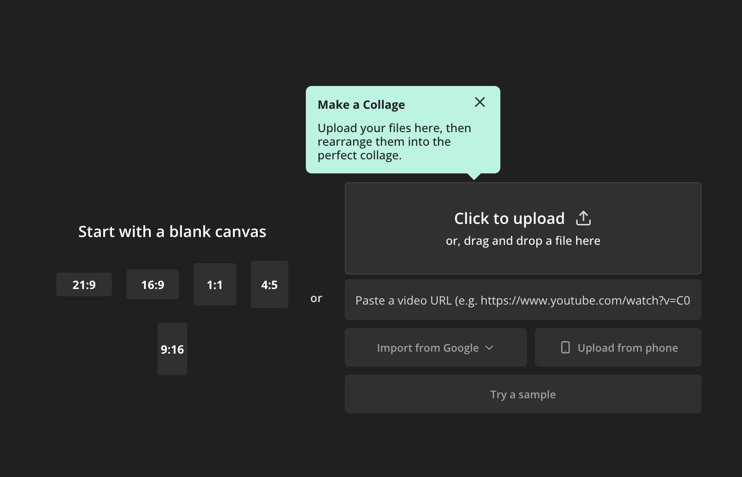Kapwing's video collage layout, with the options to "Start with a blank canvas" and "Click to Upload."
