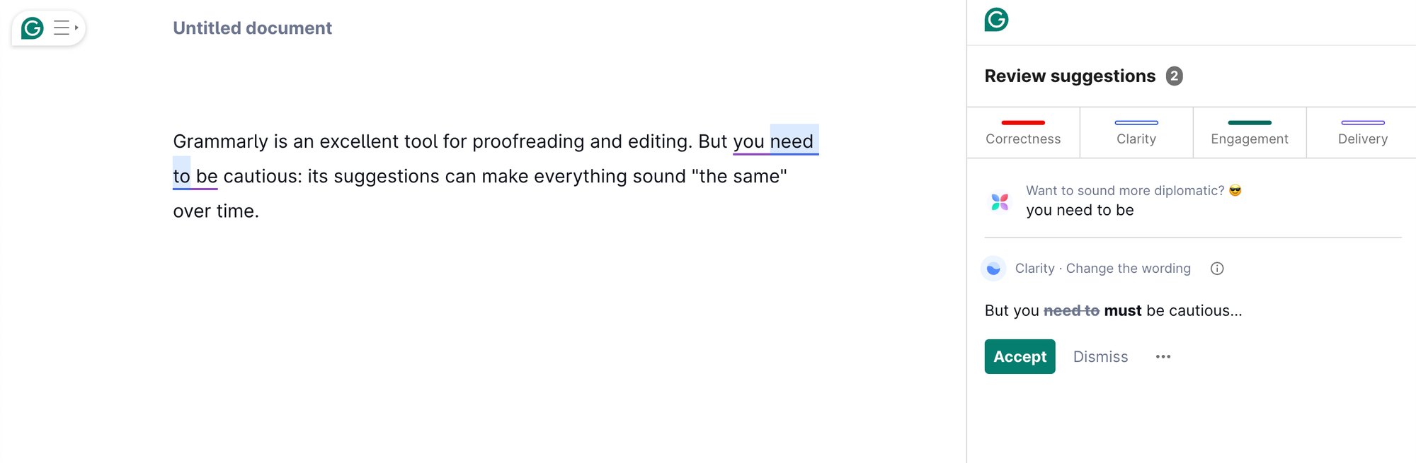 A screenshot of Grammarly correcting a sentence: Grammarly will almost always use the same forms of corrections and superlatives.