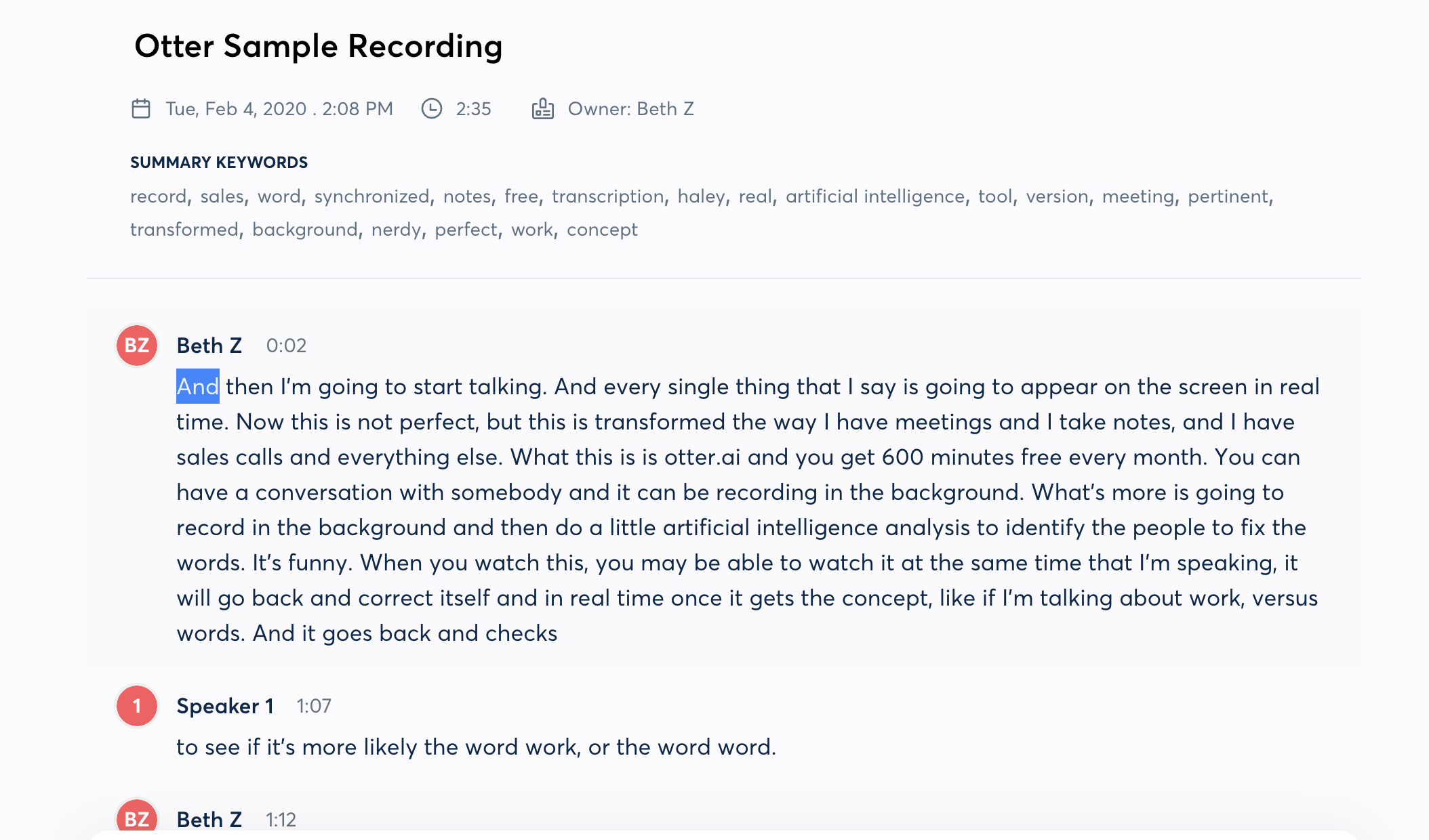 Otter generates a transcript and also pulls out keywords from meetings.