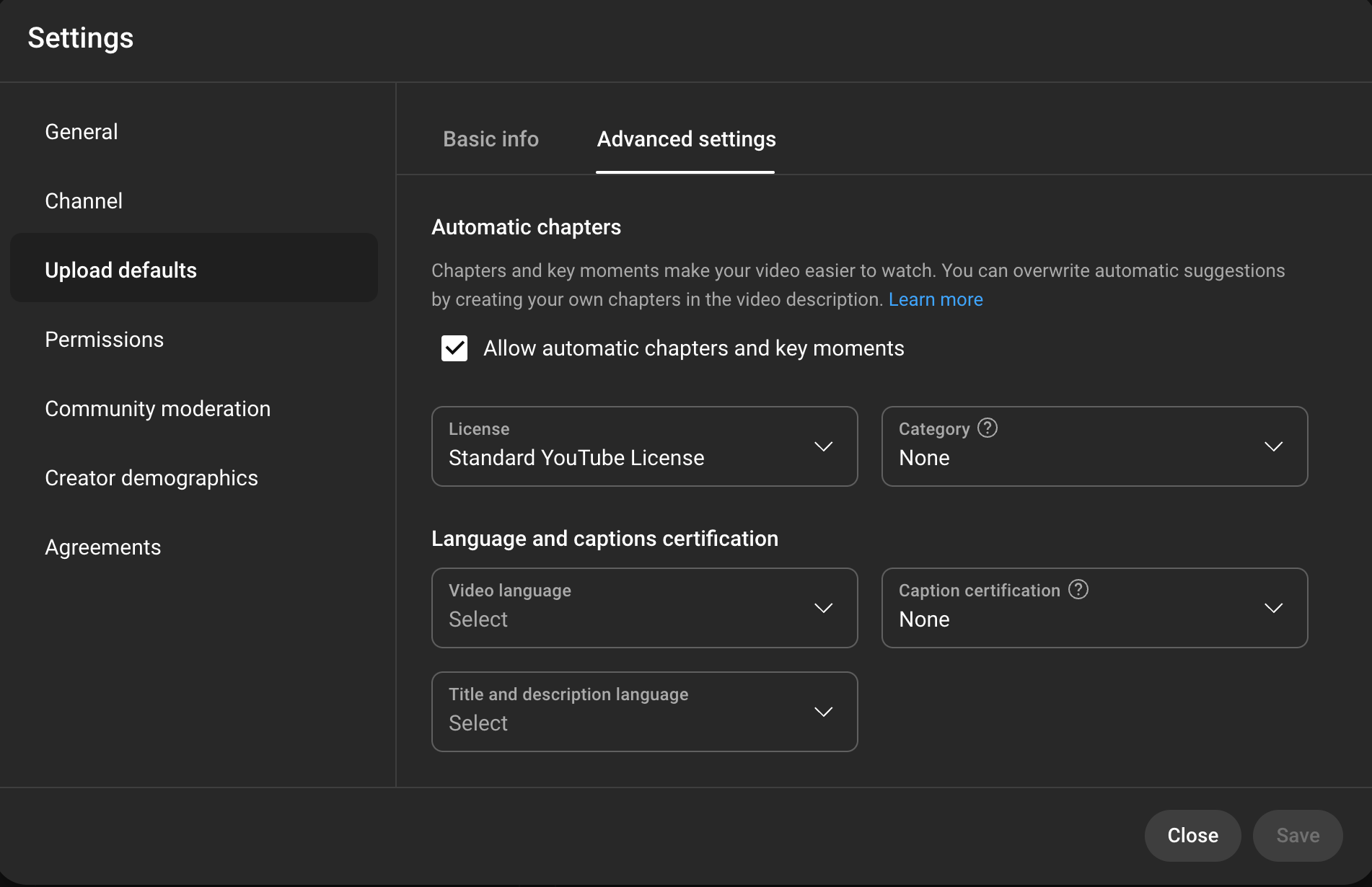 YouTube's advanced upload settings.