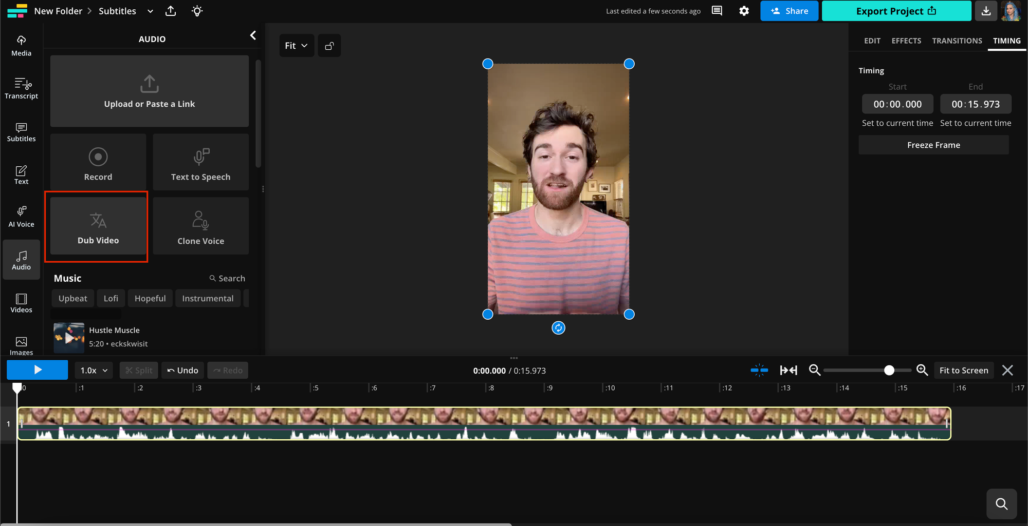Kapwing's Dub Video feature.