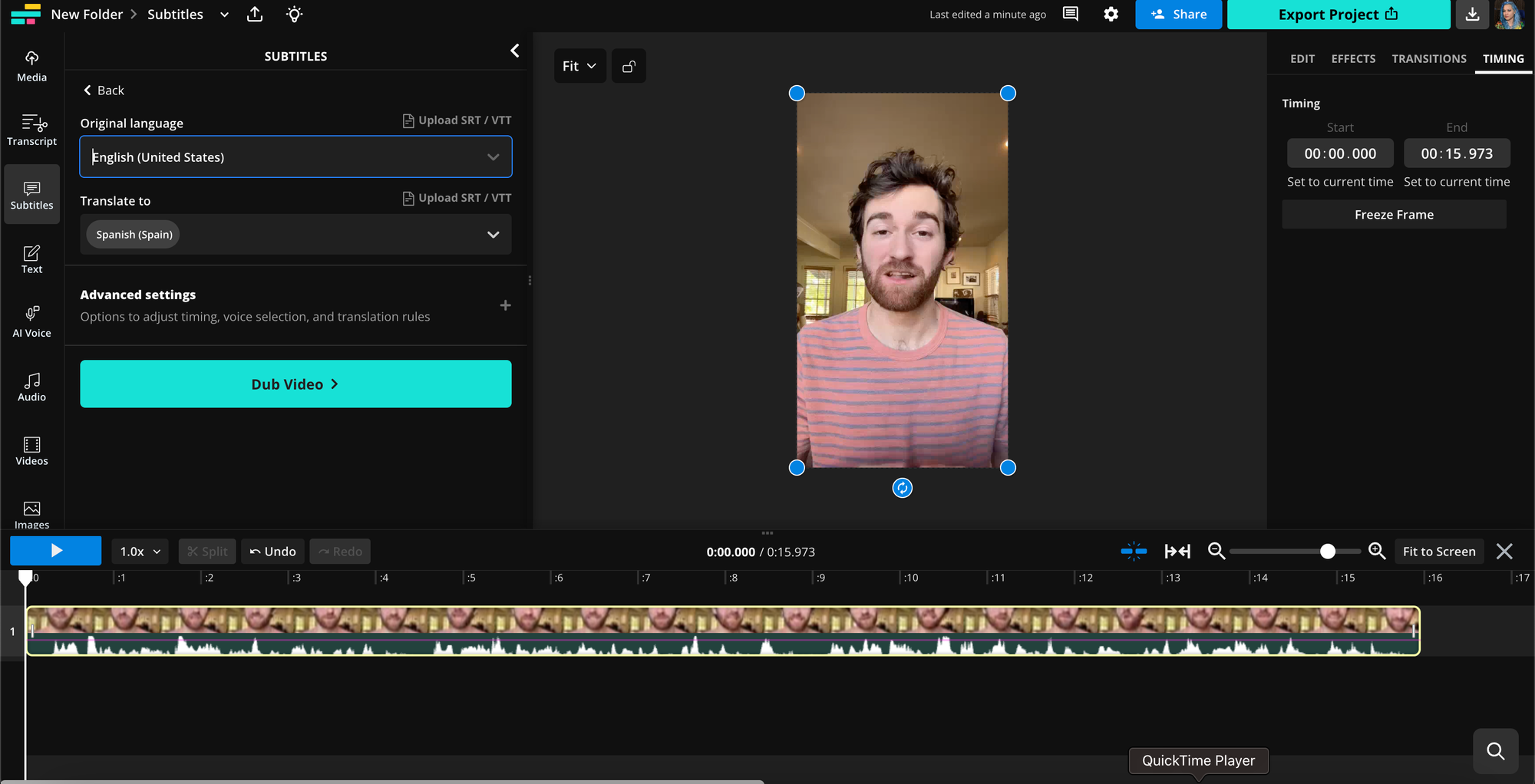 Kapwing's Dub Video settings.