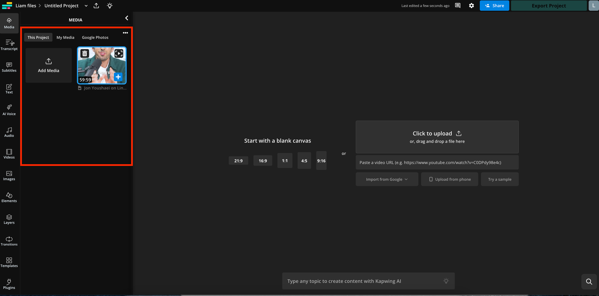 Kapwing's video editor showing a LinkedIn video loaded into the editing canvas
