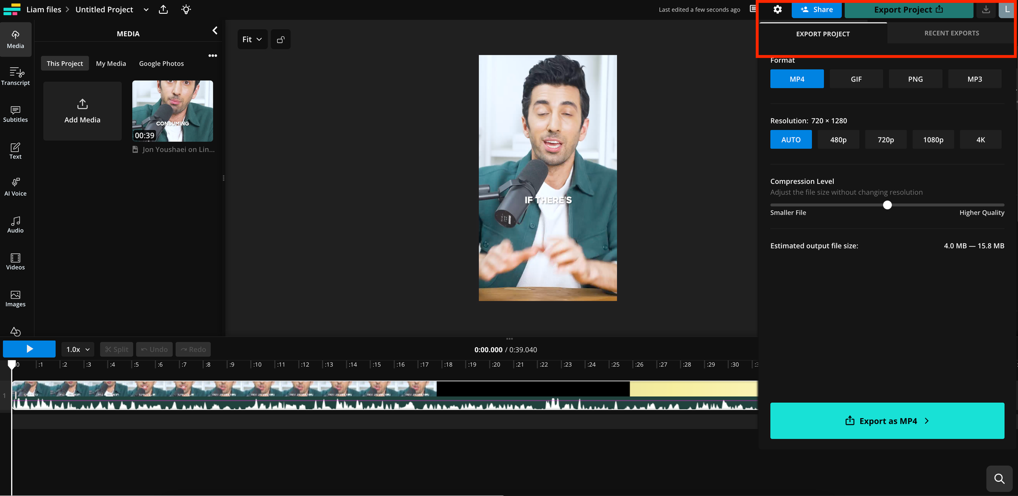 Clicking the "Export project" button to download a video as an MP4 file on Kapwing