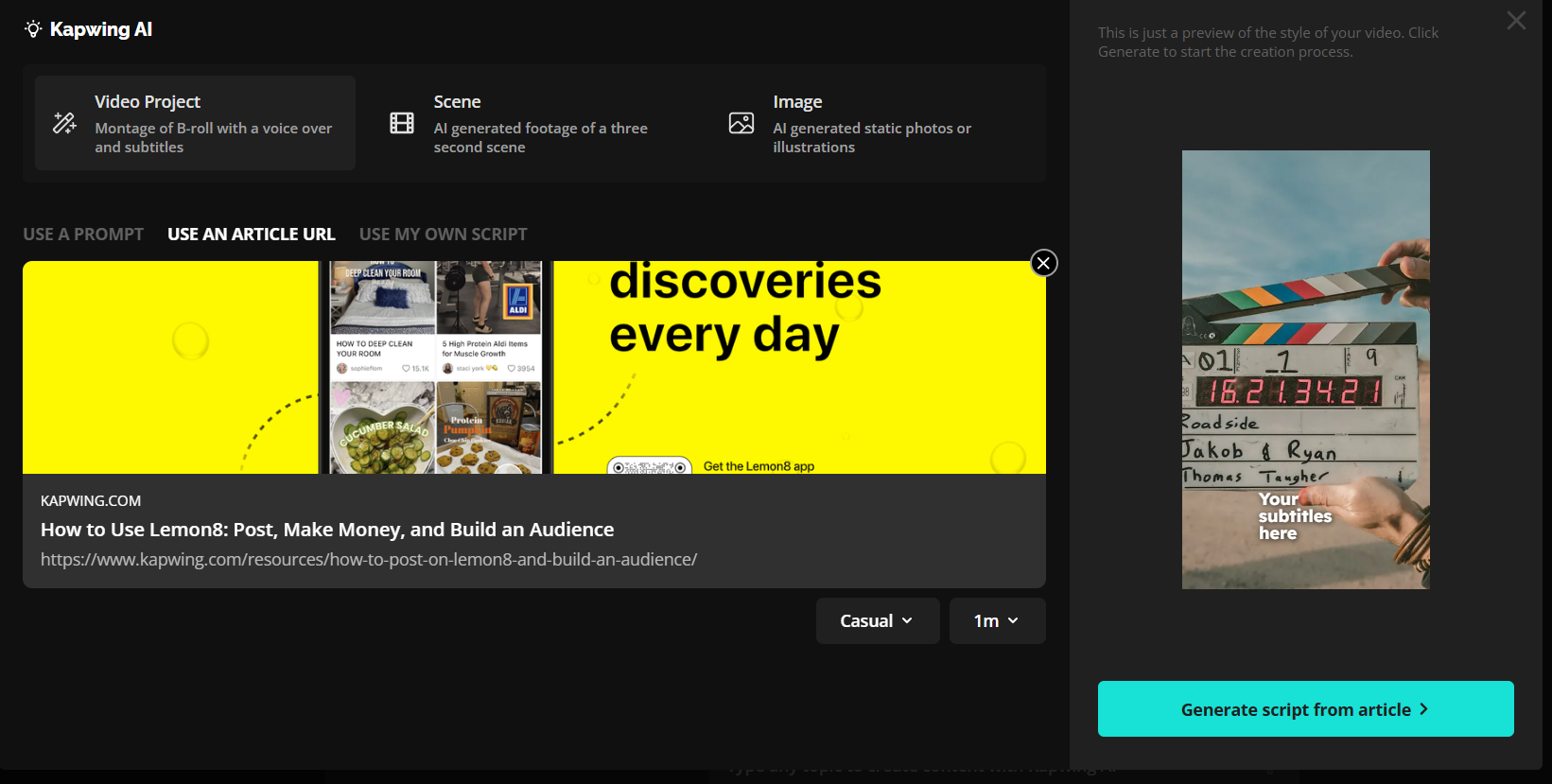Generating a video from an article on Kapwing.