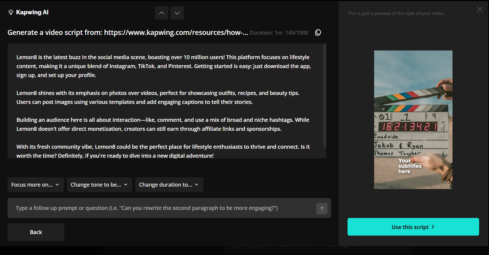 Kapwing generating a transcript.