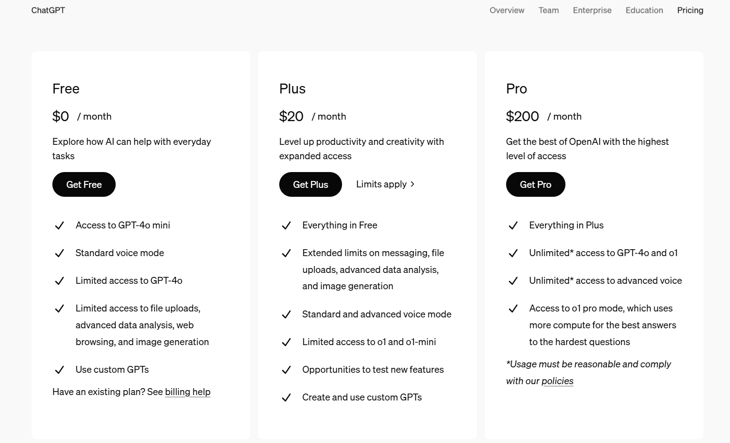 ChatGPT's Plus and Paid plans, with three tiers: Free ($0 a month), Plus ($20 a month), and Pro ($200 a month).