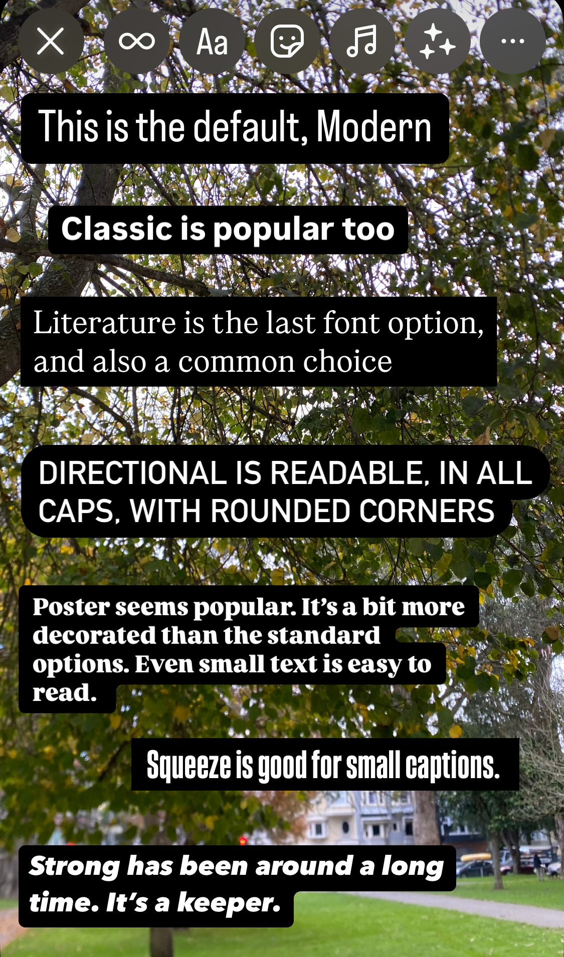 An Instagram story explaining the value of each of the new fonts