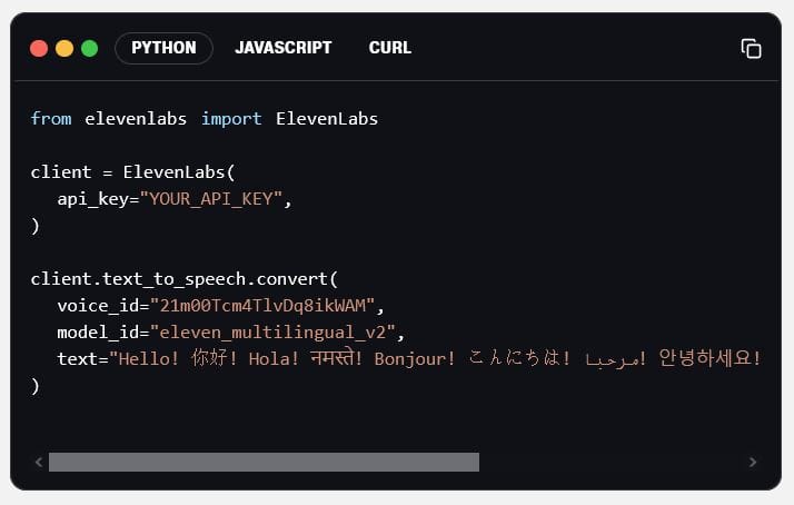 ElevenLabs API integration example from the home page. 