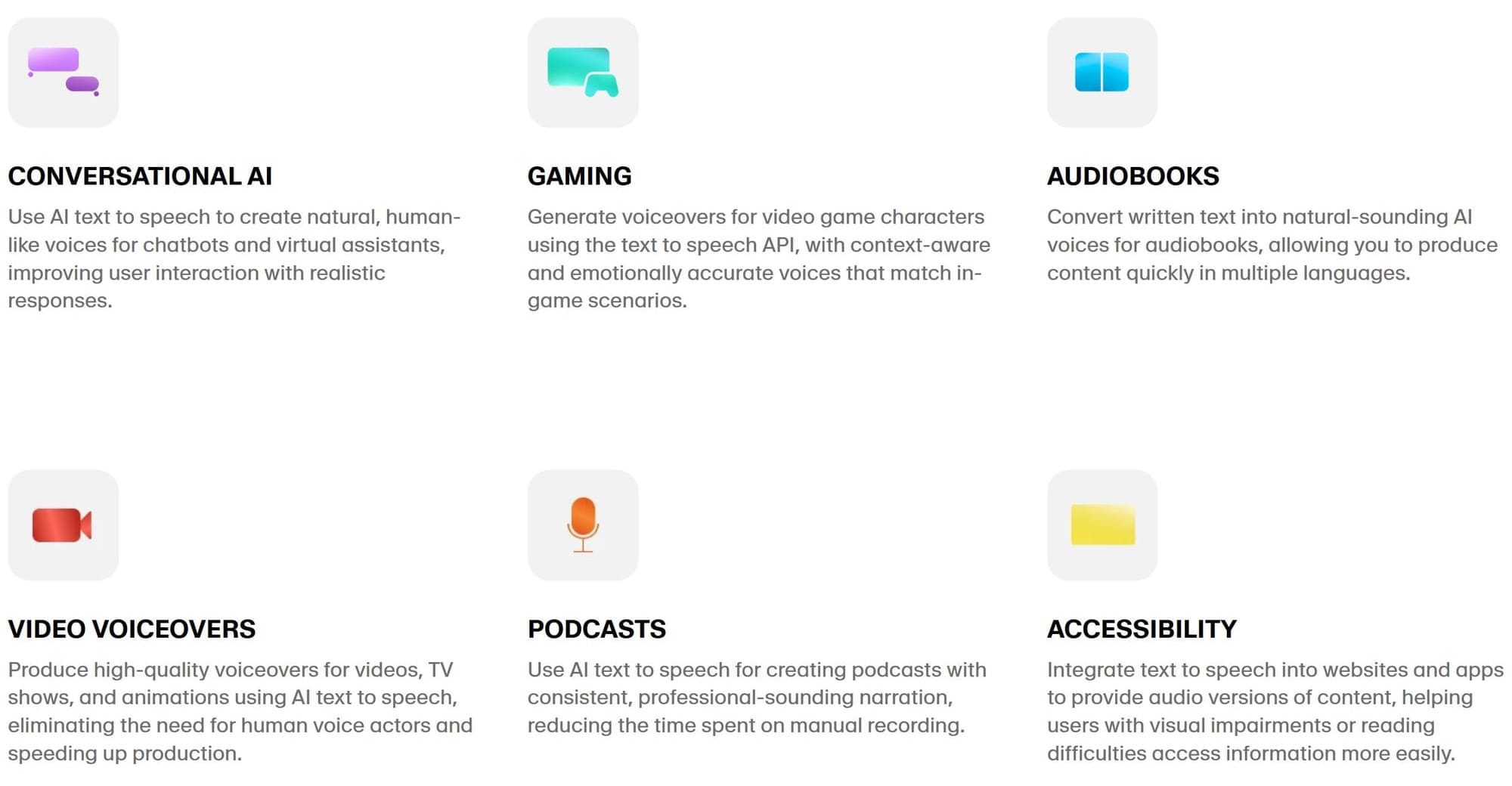 ElevenLabs use cases highlighting applications for voice generation AI, including content creation and accessibility.